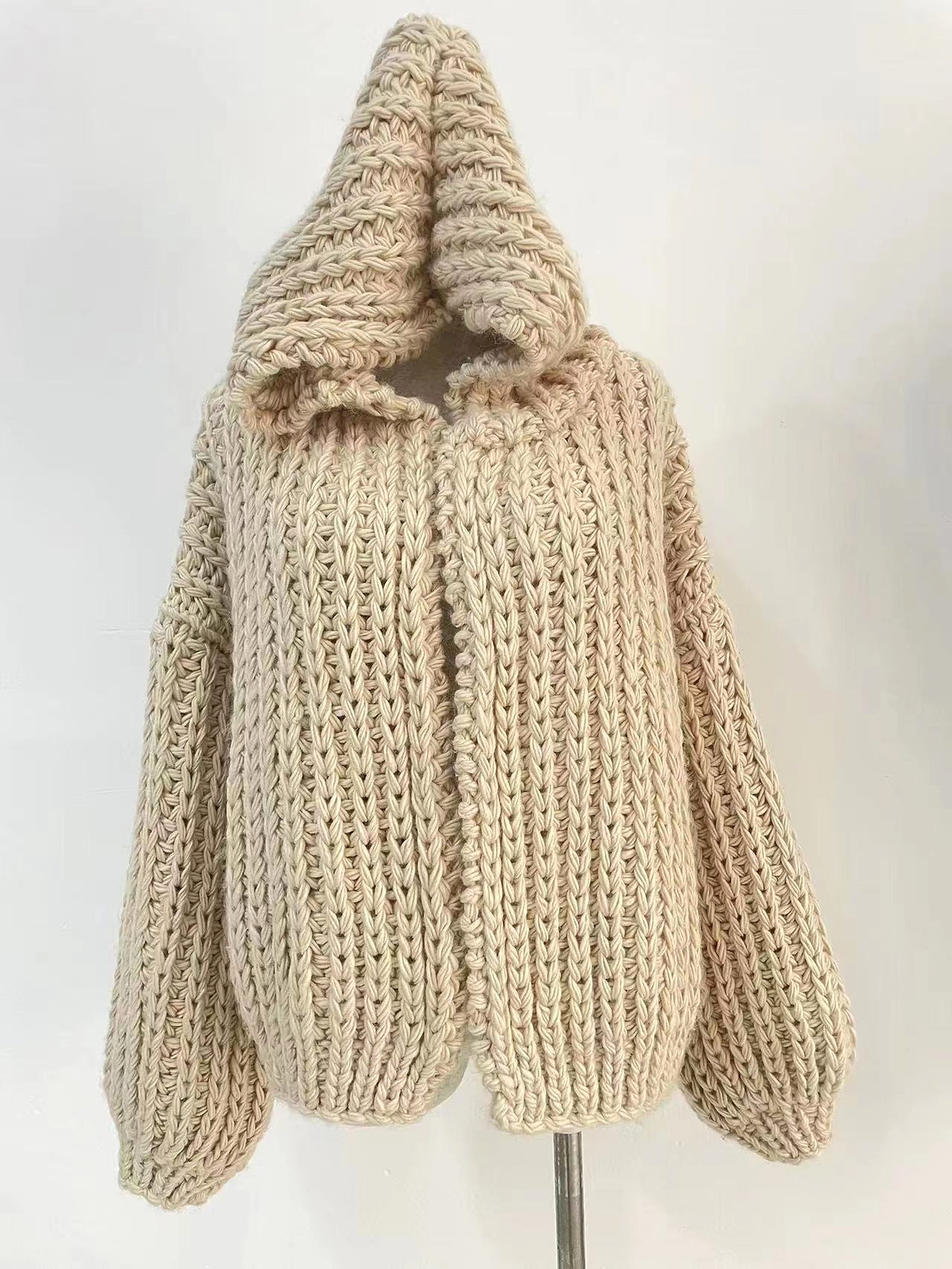 Loose And Hooded Cardigan Coat Handmade Knitting Needle Women's Knitted Sweater - enhanced image 3