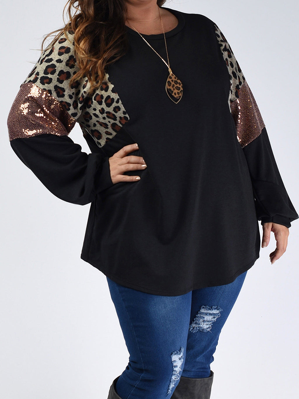 Loose Slim Fit Leopard Print Long Sleeve Women T-Shirt - enhanced image 3
