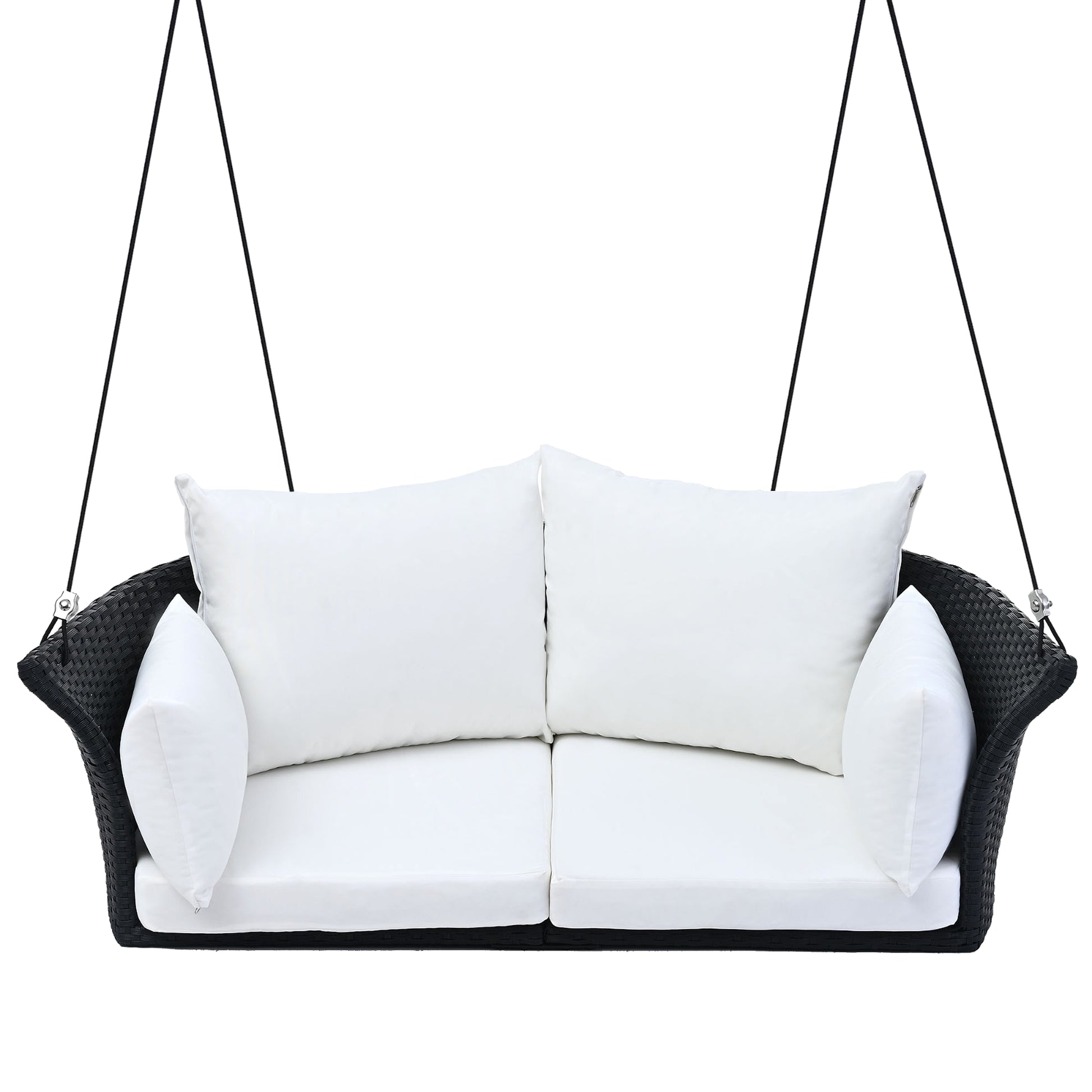 LuneluX_Home – Hanging Rattan Porch Swing for 2 (Black Wicker + White Cushions) - enhanced image 3