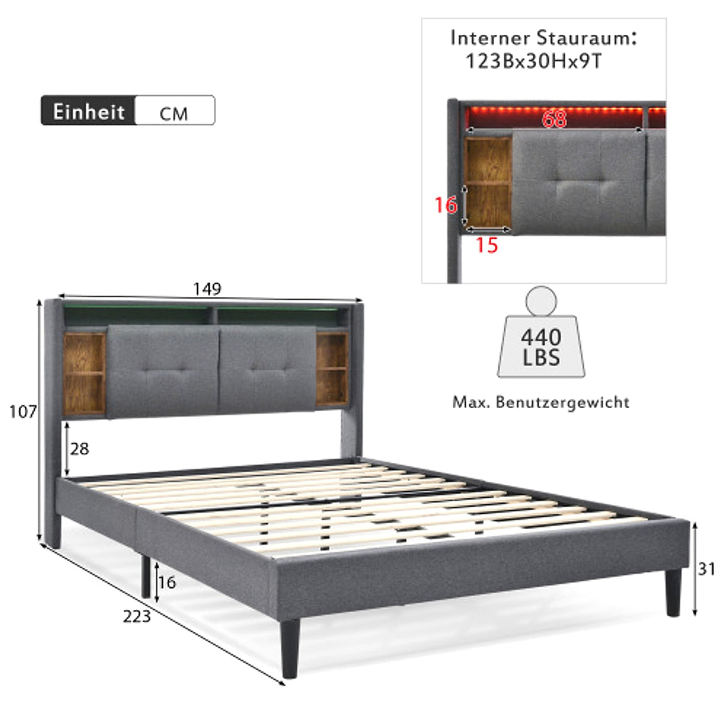 LuneluX_Home – Solid Wood Storage Bed with USB Charging Ports & LED Light (160×200 cm, Gray) - enhanced image 3