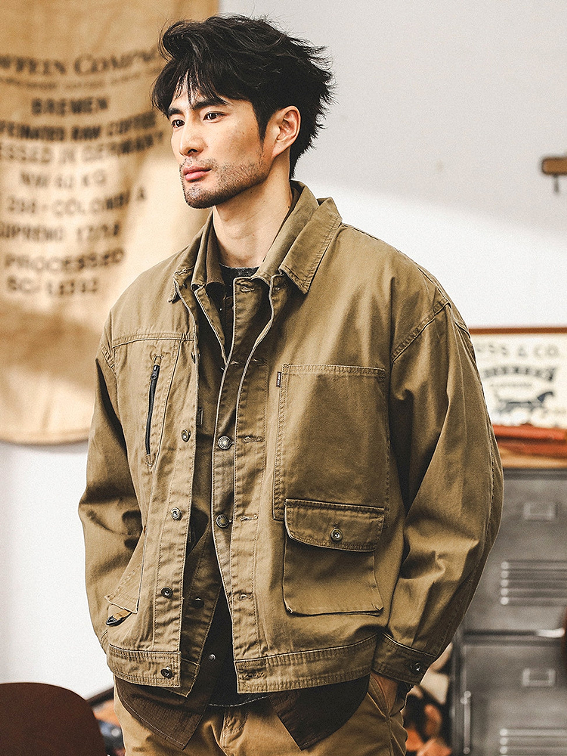 Maillard Retro Heavy Fishbone Pattern Workwear Jacket - enhanced image 3