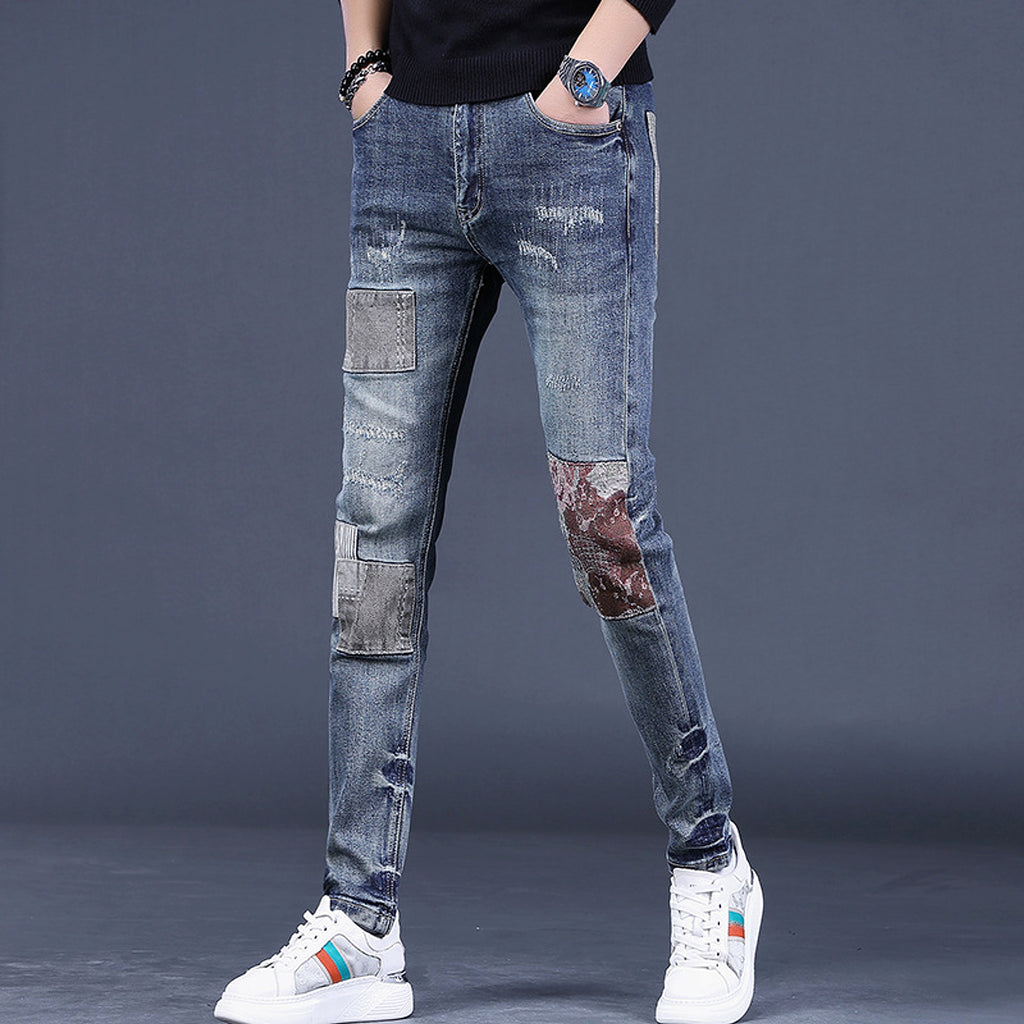 Men's Contrast Color Patch Hole Slim-fit Pants - enhanced image 3