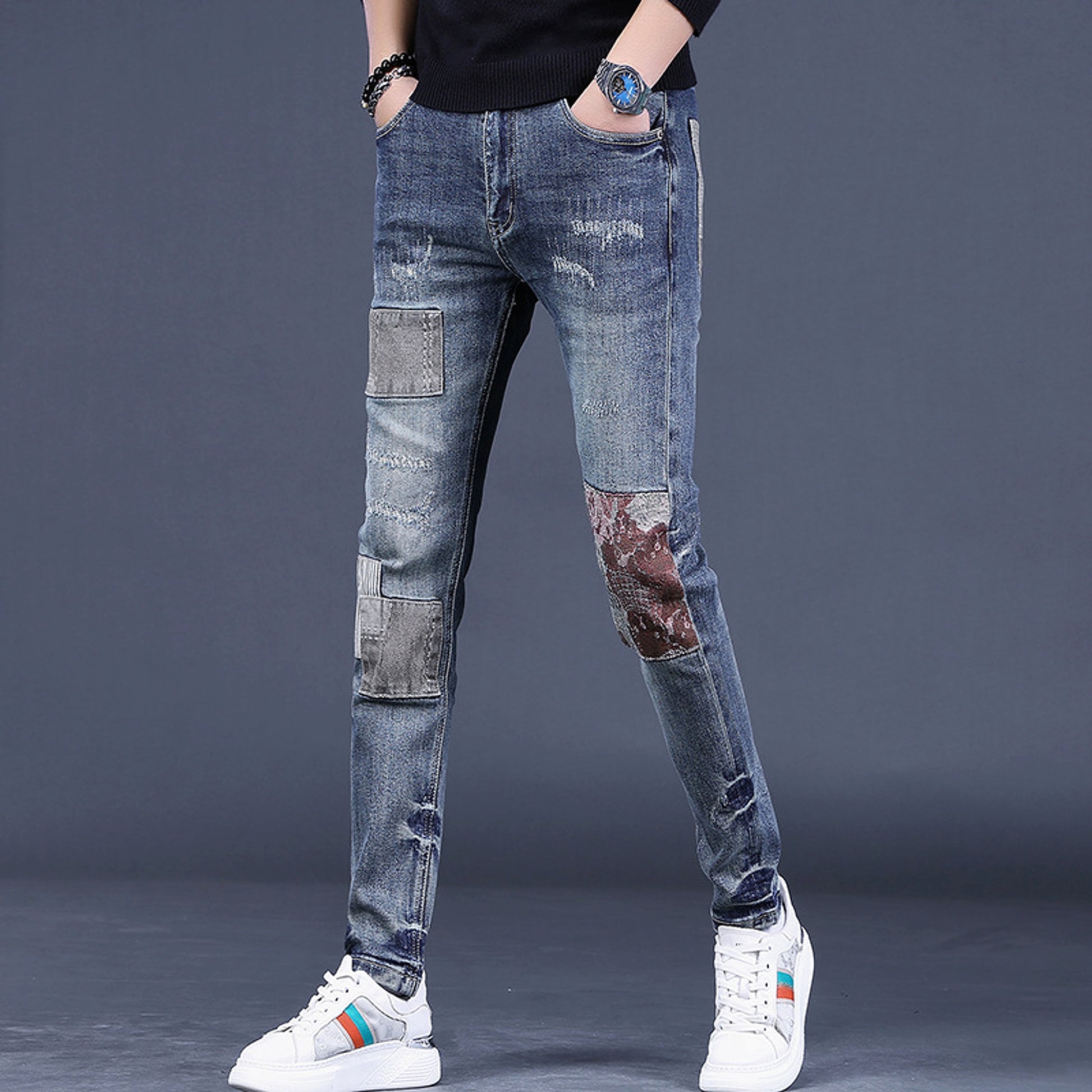 Men's Contrast Color Patch Hole Slim-fit Pants - enhanced image 3