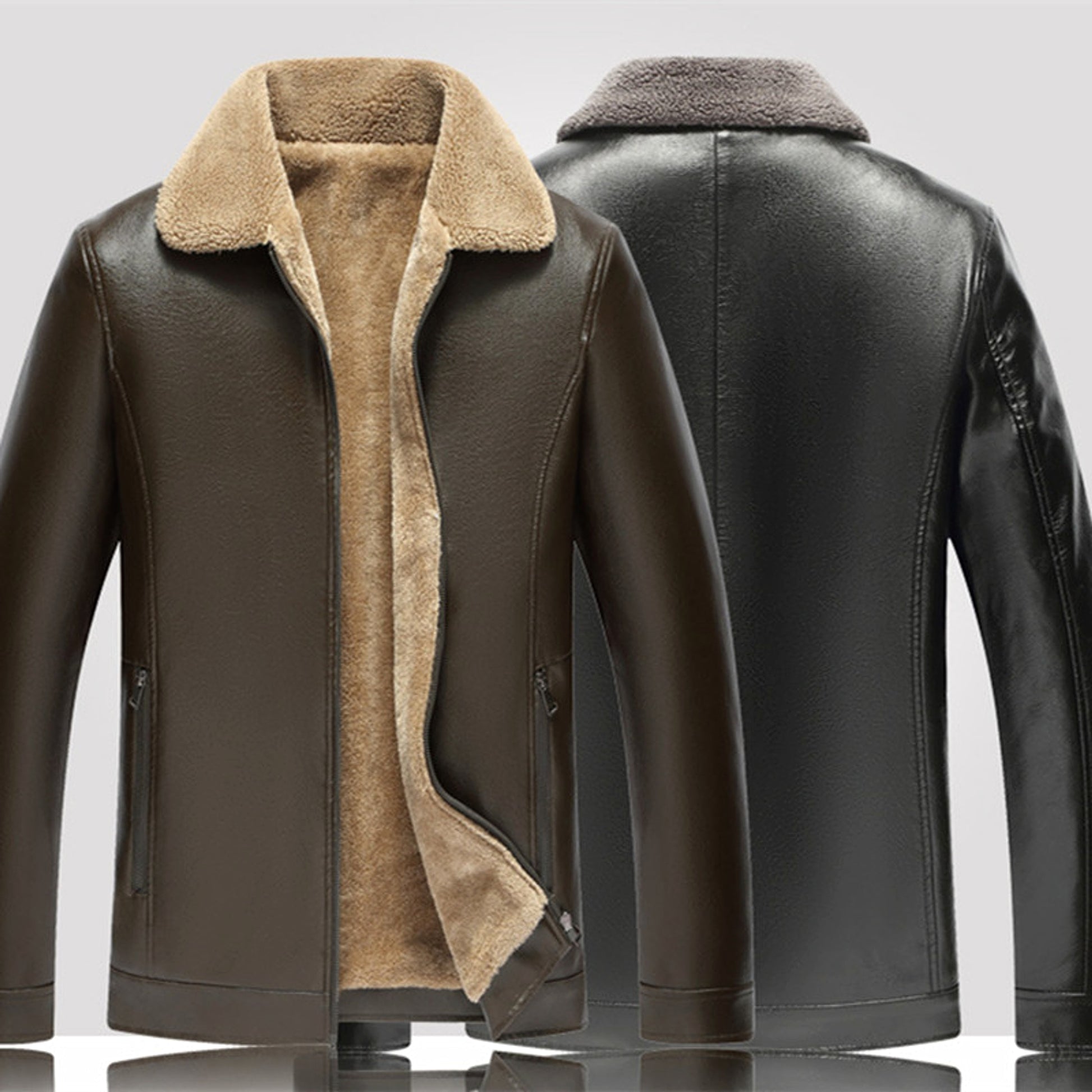 Men's Fashion Casual Polo Collar Fleece-lined Thickened Leather Jacket Coat - enhanced image 3