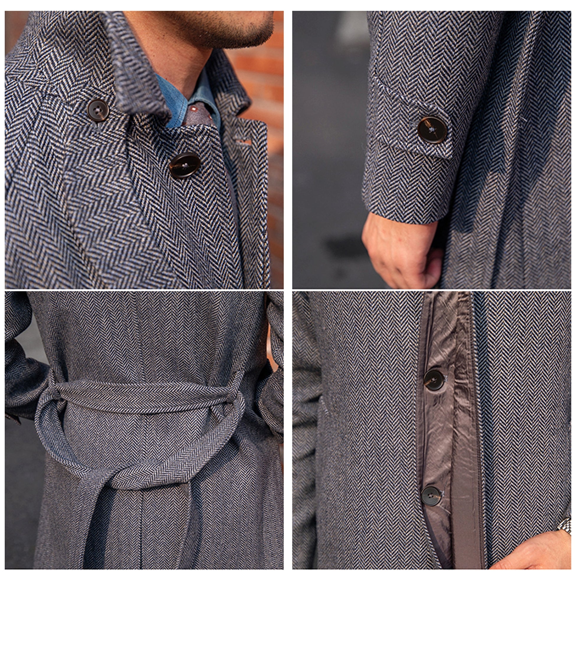 Men's Herringbone Wool Slim Fit Mid Length Coat - enhanced image 3