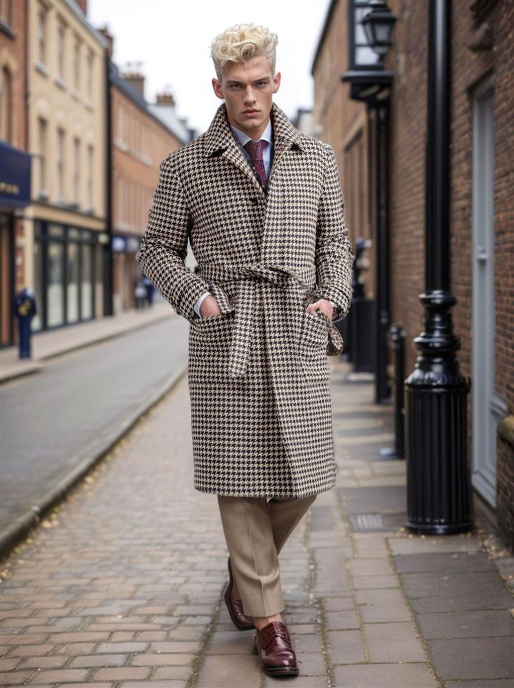 Men's Mid-length Woolen Trench Coat Houndstooth Quilted - enhanced image 3