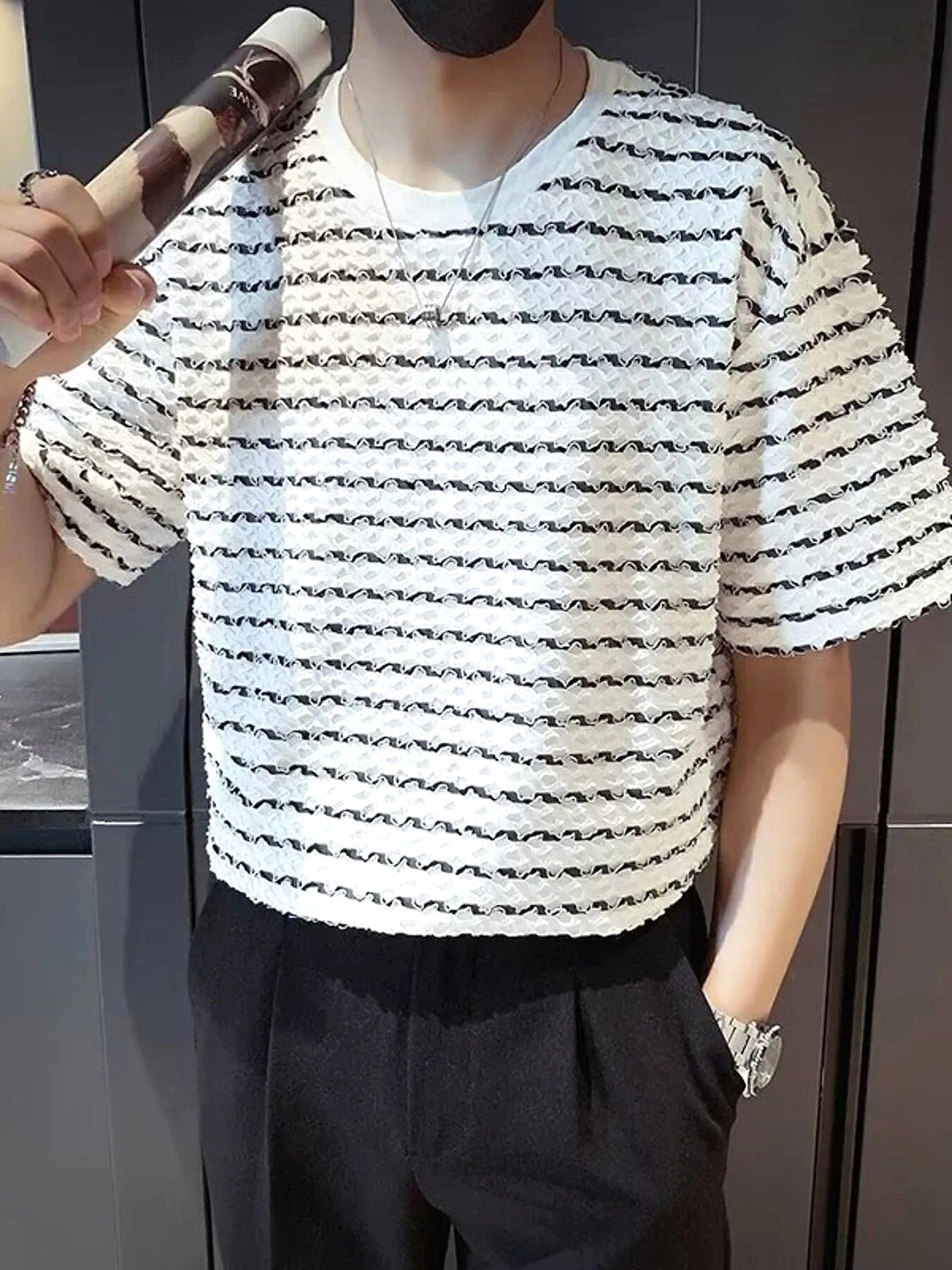 Men's Plus Size Casual Striped Wave Pattern Short Sleeve T-Shirt - enhanced image 3
