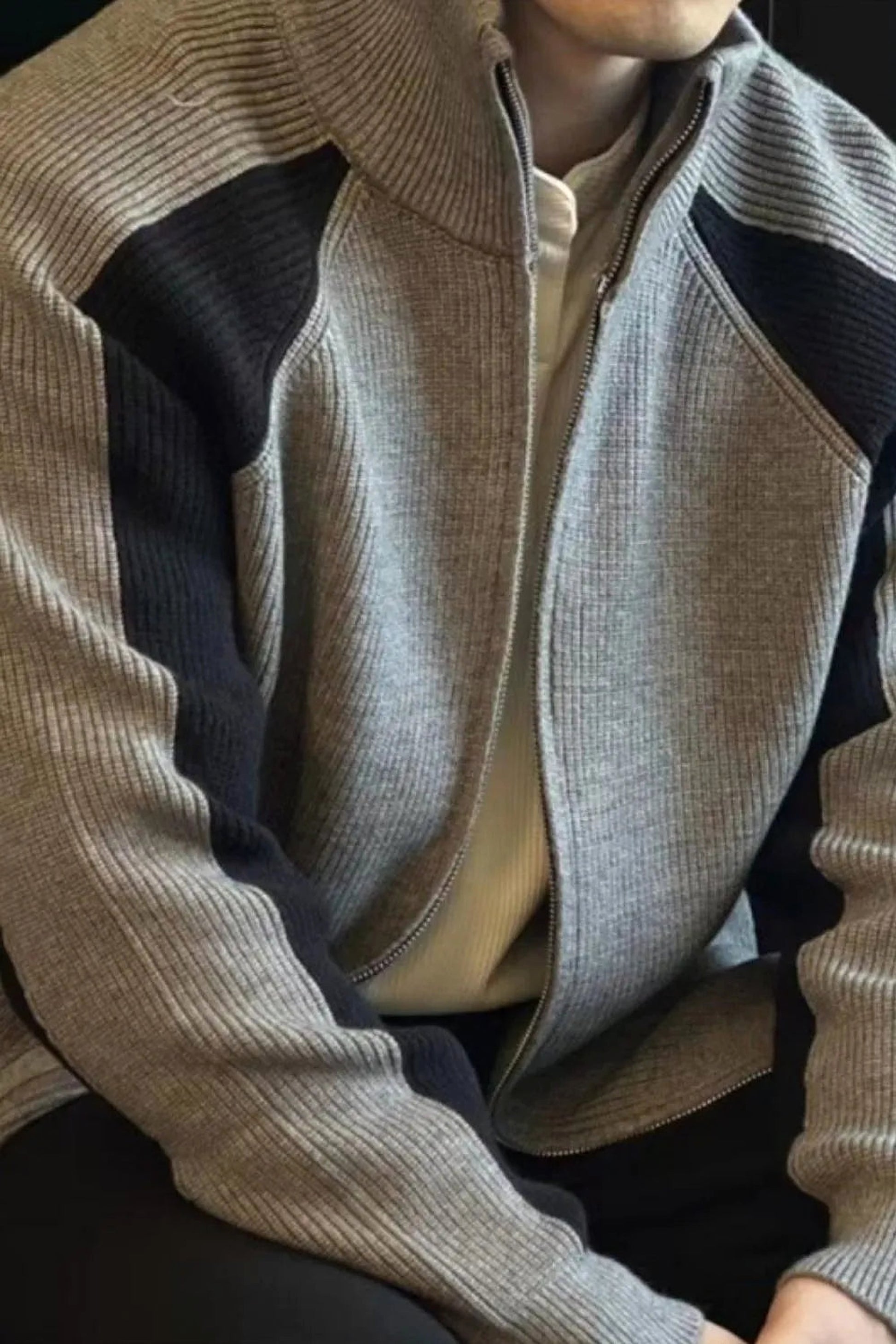 Men's Plus Size  Color Block Ribbed Knit Zip-Up Cardigan - enhanced image 3