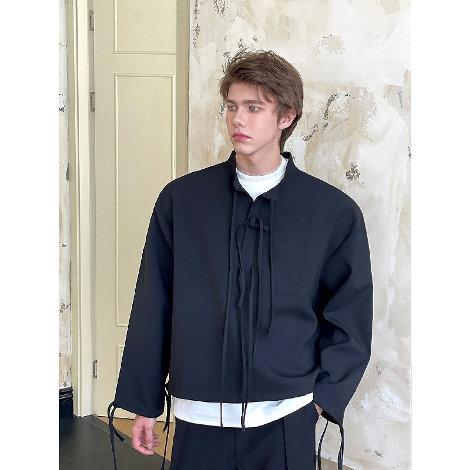Men's Ribbon Lapel Cardigan Hoodie – Designer Half-Zip Pullover - enhanced image 3