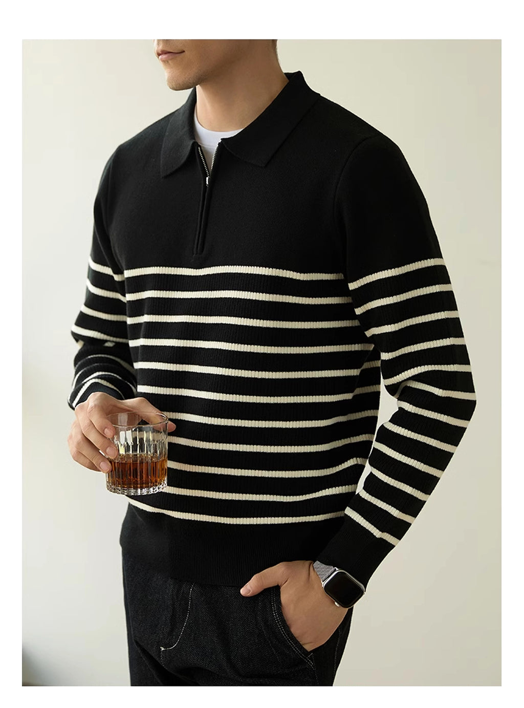 Men's Spring And Autumn New Half Zipper Striped Business Casual Sweater - enhanced image 3