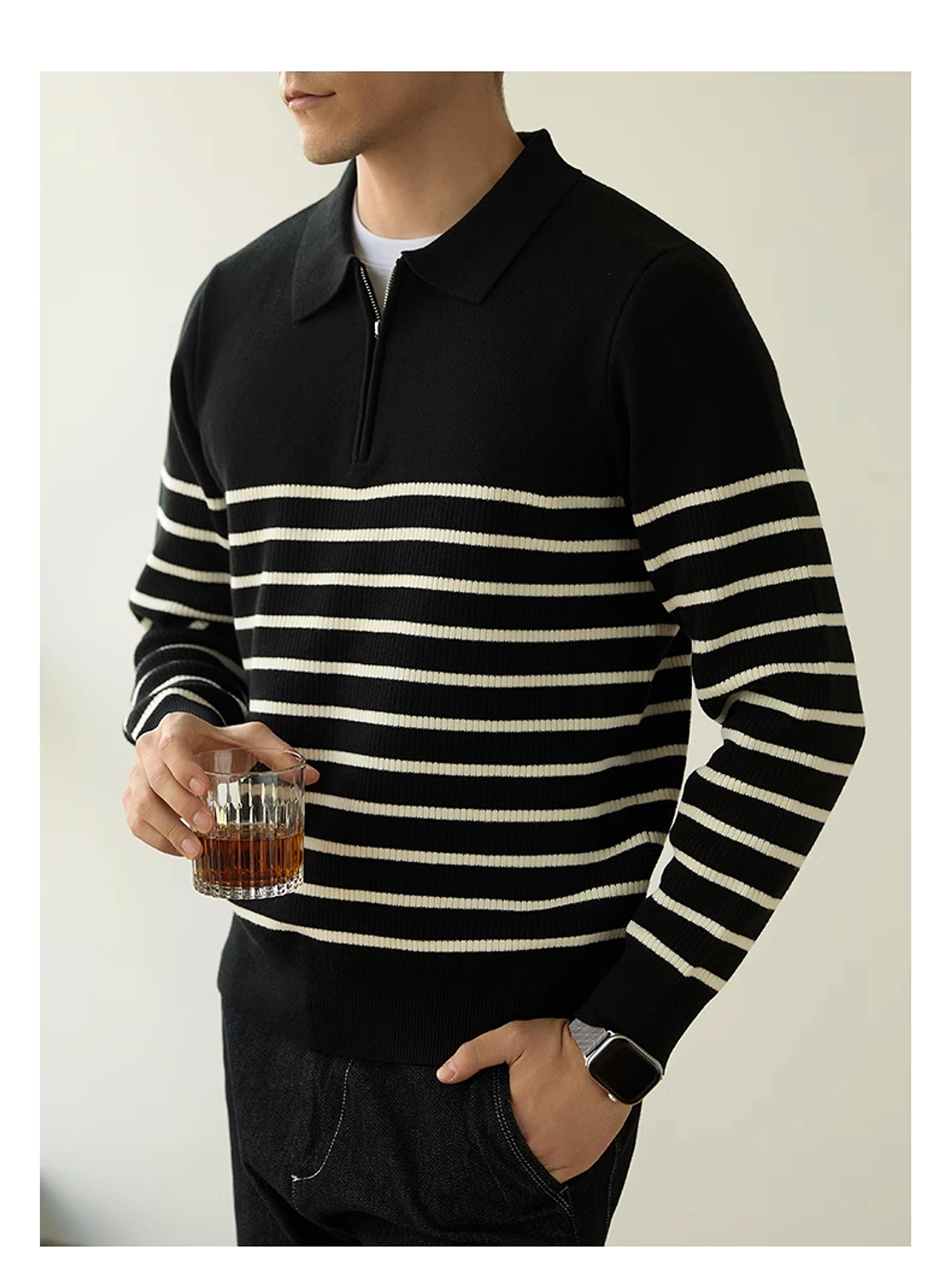 Men's Spring And Autumn New Half Zipper Striped Business Casual Sweater - enhanced image 3