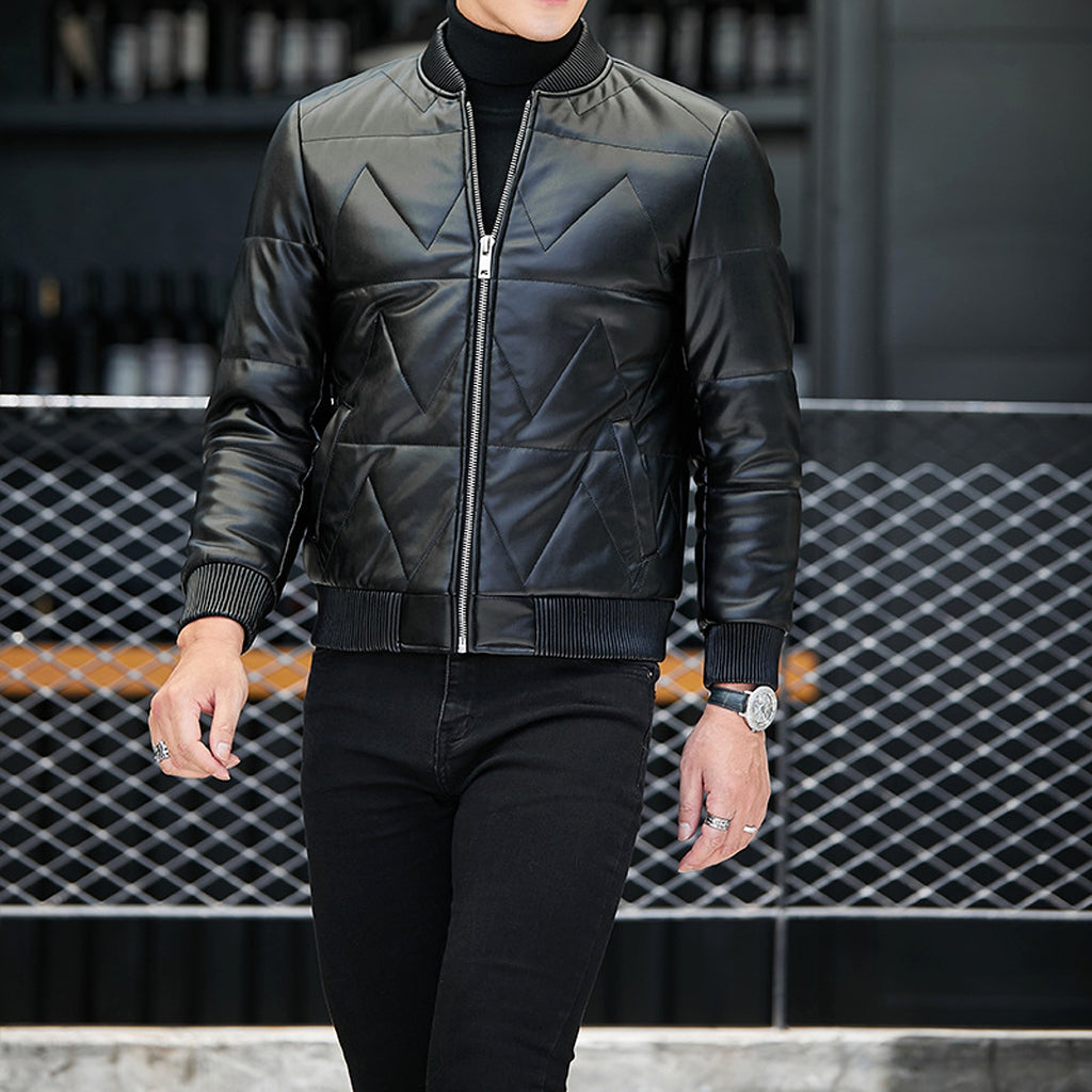Men's Standing Collar Casual Zipper PU Leather Jacket - enhanced image 3