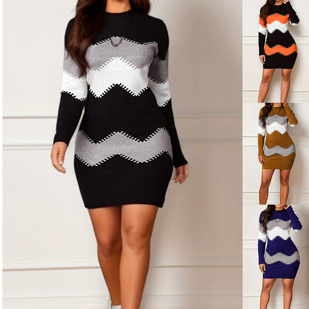Mid-length Short Skirt Round Neck Long Sleeve Printed Knitted Sheath Dress - enhanced image 3
