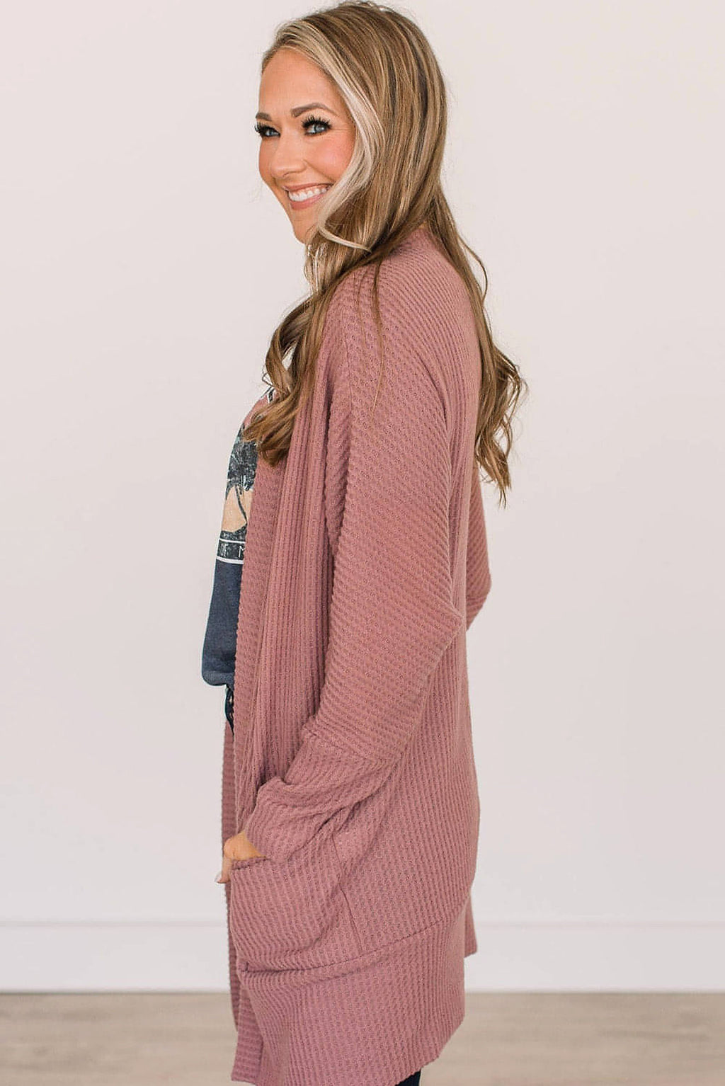 Mineral Red Solid Color Waffle Knit Cardigan with Pocket - enhanced image 3