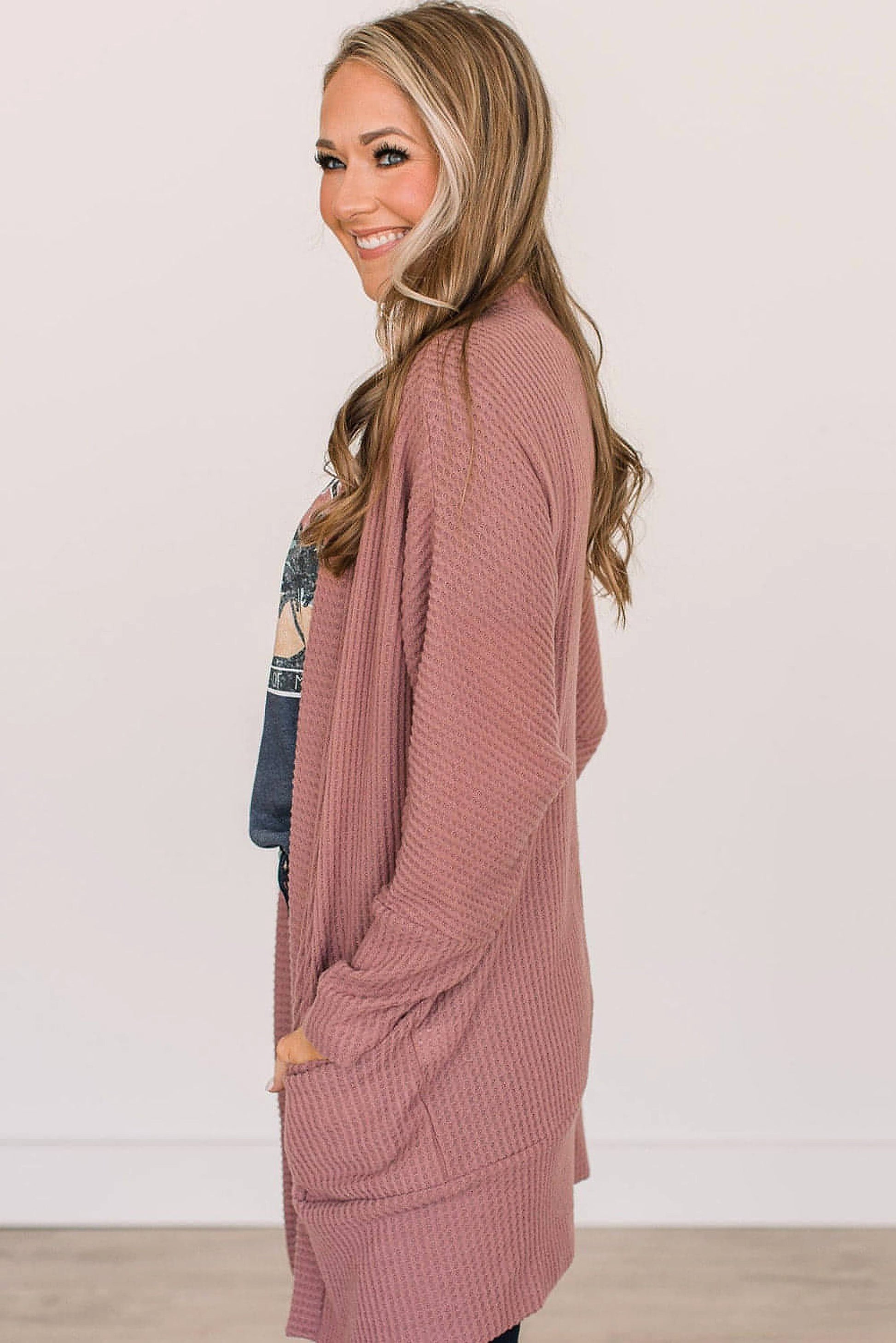 Mineral Red Solid Color Waffle Knit Cardigan with Pocket - enhanced image 3