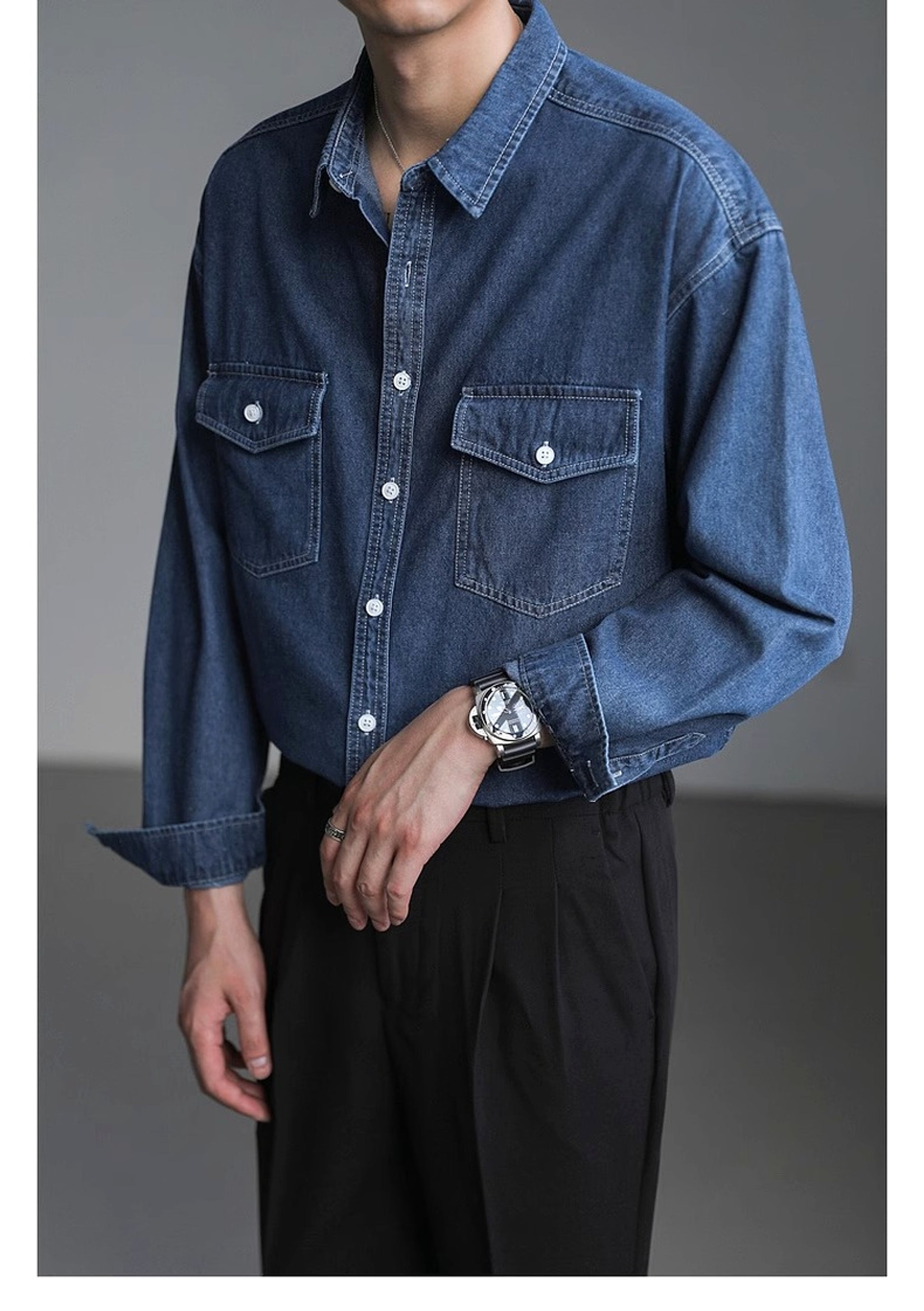 Minority Simple Long Sleeve Denim DressShirt Men's Loose - enhanced image 3