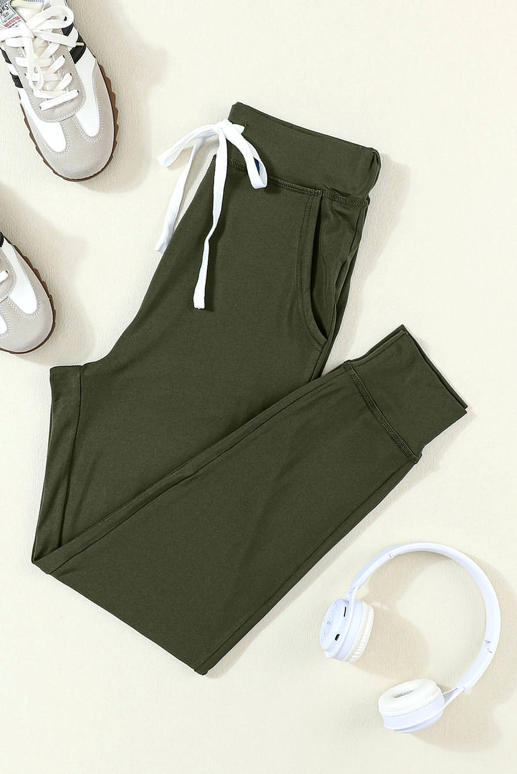Moss Green Drawstring Waist Pocketed Joggers - enhanced image 3