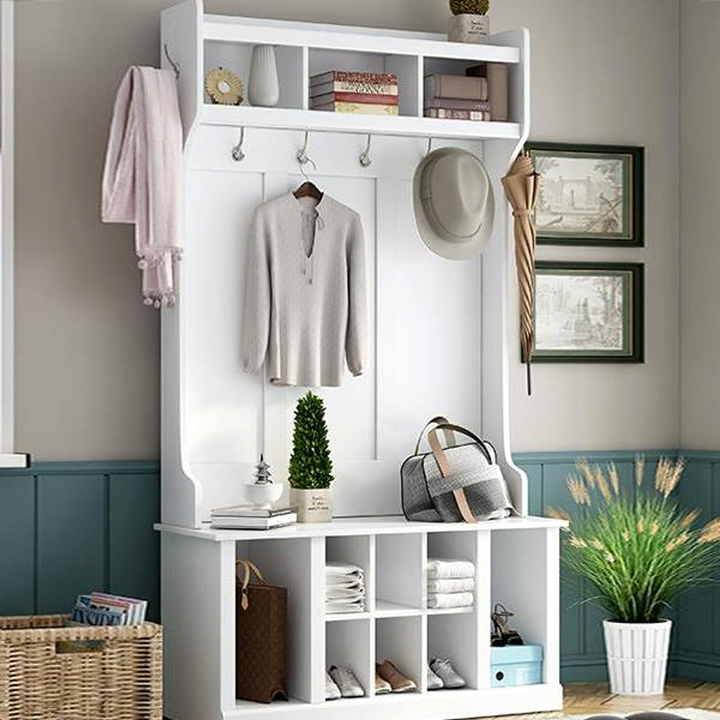 LuneluX_Home – Modern Farmhouse Hall Tree with Storage Bench & Hooks (White) - enhanced image 3