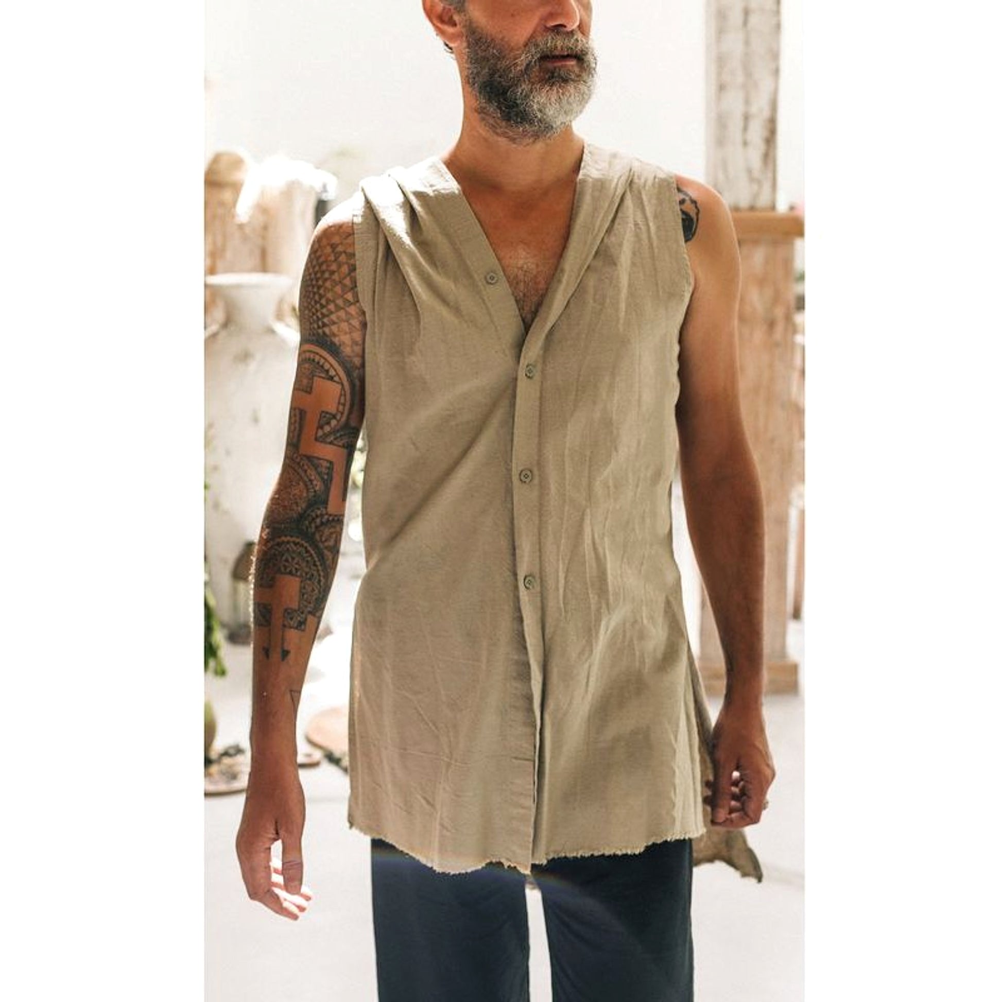 Multicolor Waistcoat Cotton And Linen Washing Vest Sleeve-Less DressShirt Men - enhanced image 3