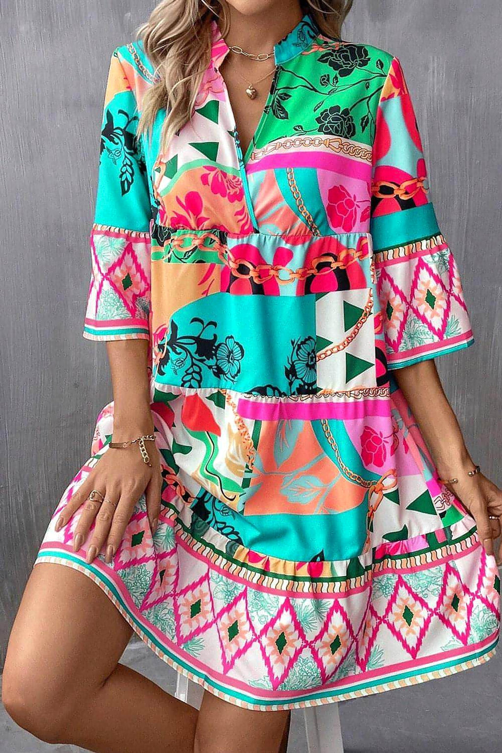Multicolour Abstract Printed Half Sleeve Notched Neck Mini Dress - enhanced image 3