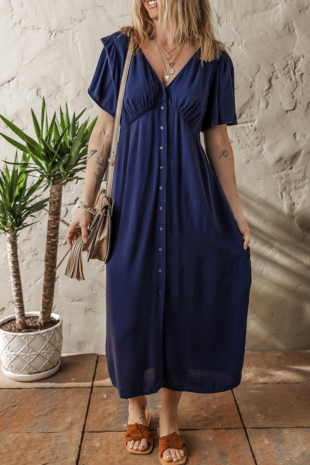 Navy Blue V Neck Buttoned Front Shirred Back Short Sleeve Midi Dress - enhanced image 3