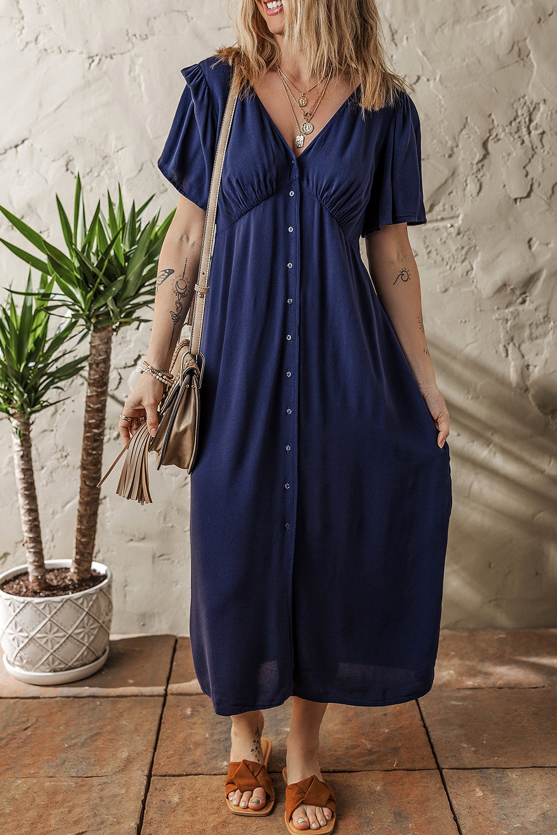 Navy Blue V Neck Buttoned Front Shirred Back Short Sleeve Midi Dress - enhanced image 3