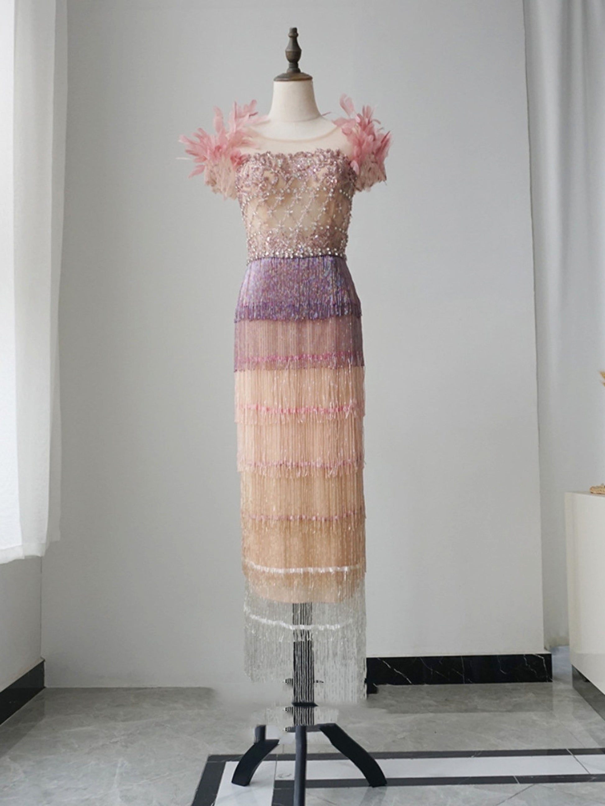 New Feather Heavy Industry Mid Length Crystal Evening Dress - enhanced image 3