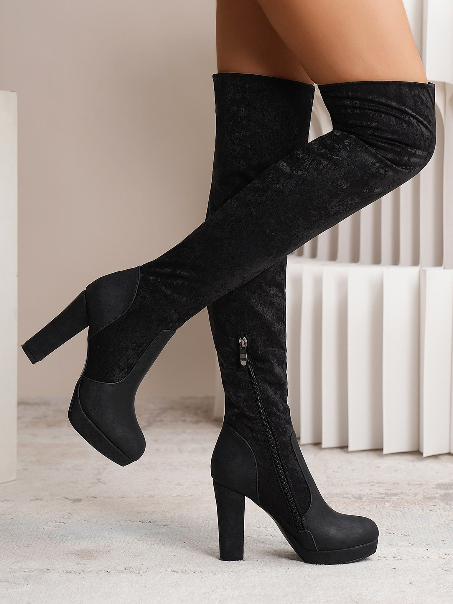 New Long Boots For Women Elastic Suede High Square Heel Over-the-knee Boots Fashion Party Shoes Winter - enhanced image 3