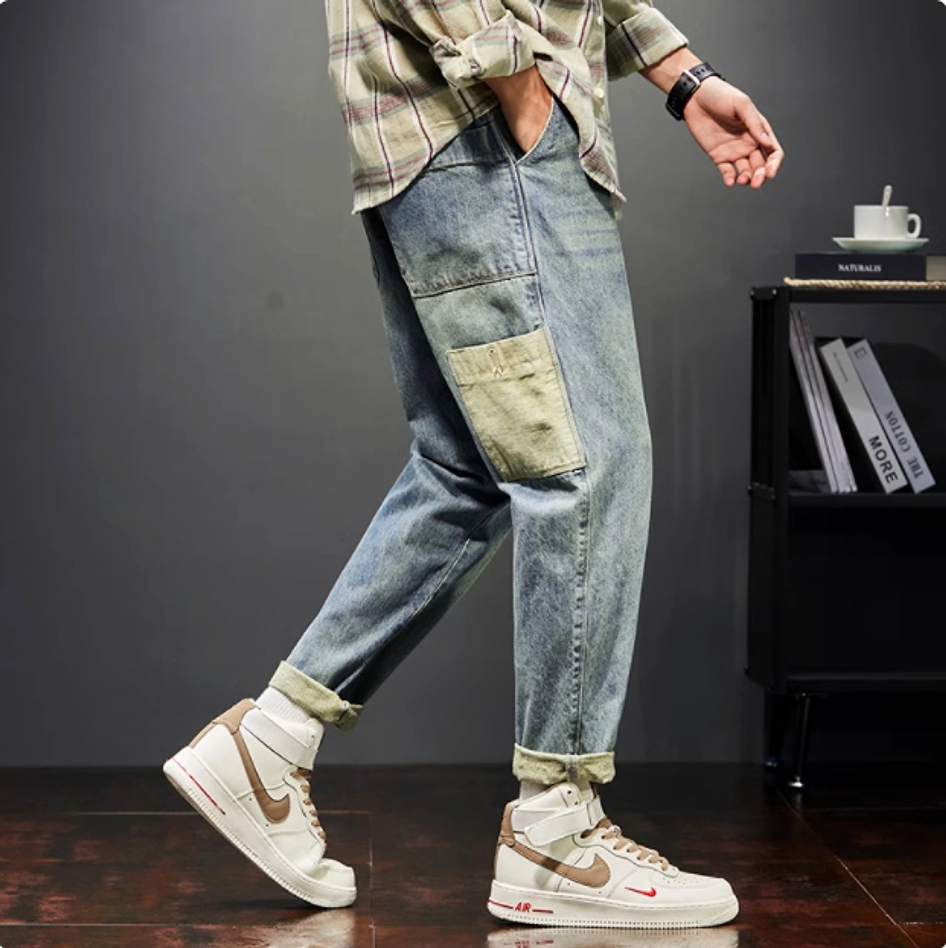 New Trendy Loose Straight Tube Haren Workwear Nine Quarter Jeans - enhanced image 3