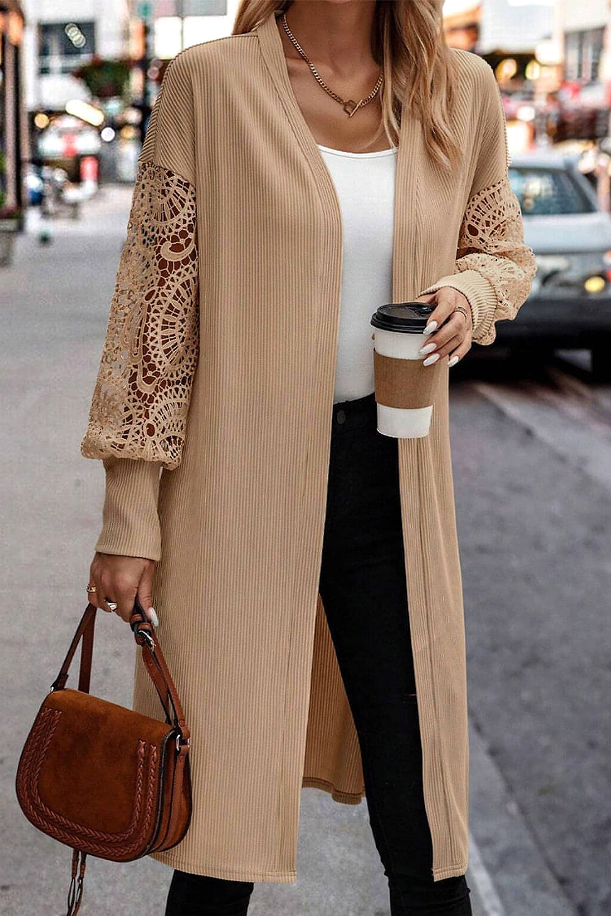 Parchment Lace Patchwork Ribbed Knit Open Front Duster Cardigan - enhanced image 3