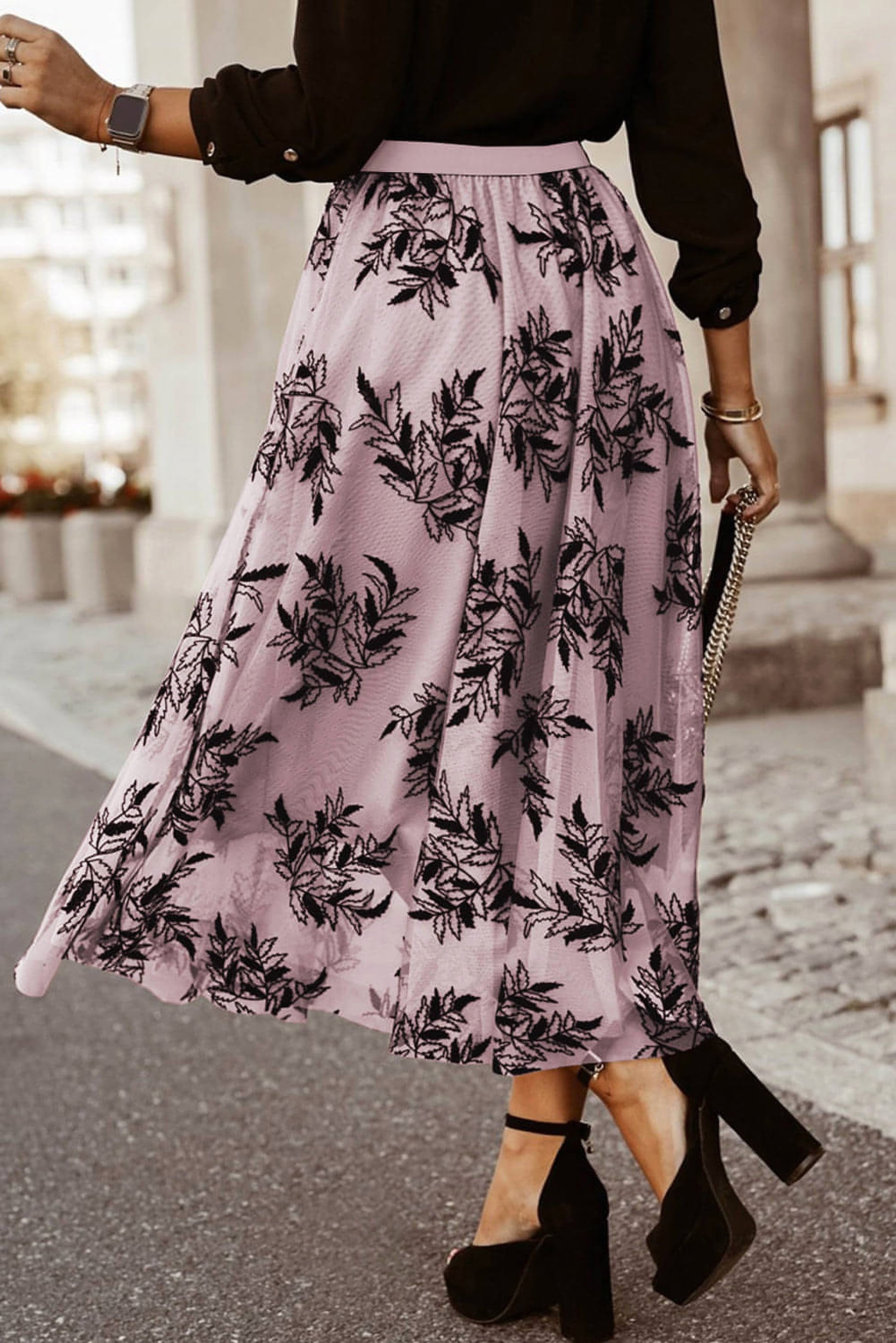 Peach Blossom Floral Leaves Embroidered High Waist Maxi Skirt - enhanced image 3