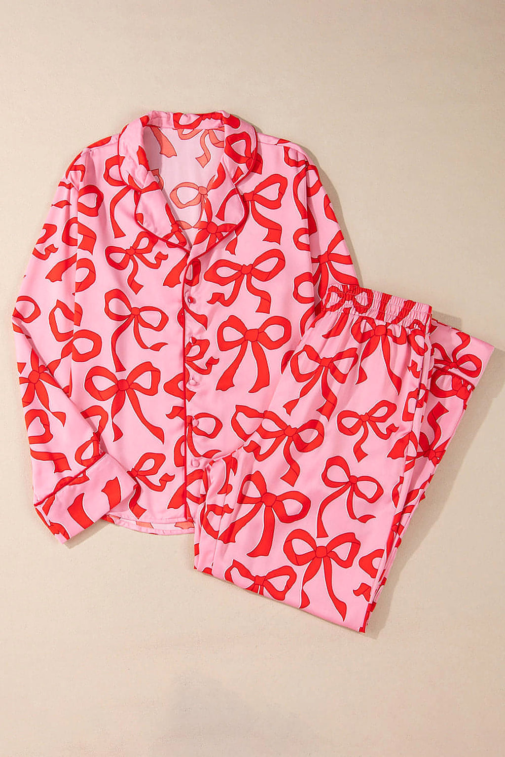 Pink 2pcs Bow Print Shirt Style Long Sleeve Pajama Set - enhanced image 3