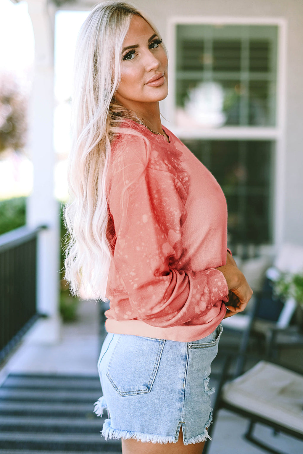 Pink Bleached Round Neck Pullover Sweatshirt - enhanced image 3