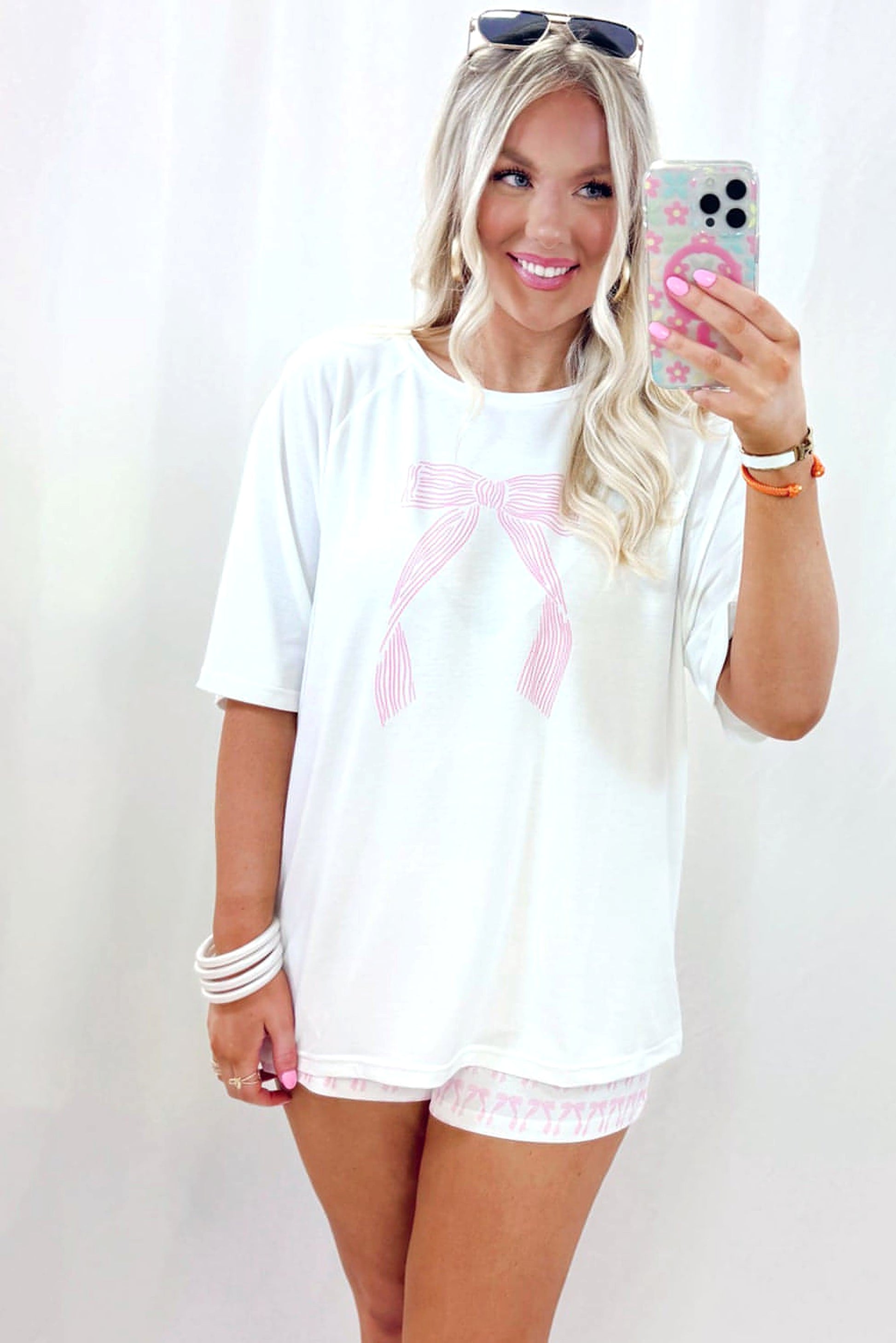 Pink Bow Knot Print Loose Fit Two Piece Casual Lounge Set - enhanced image 3