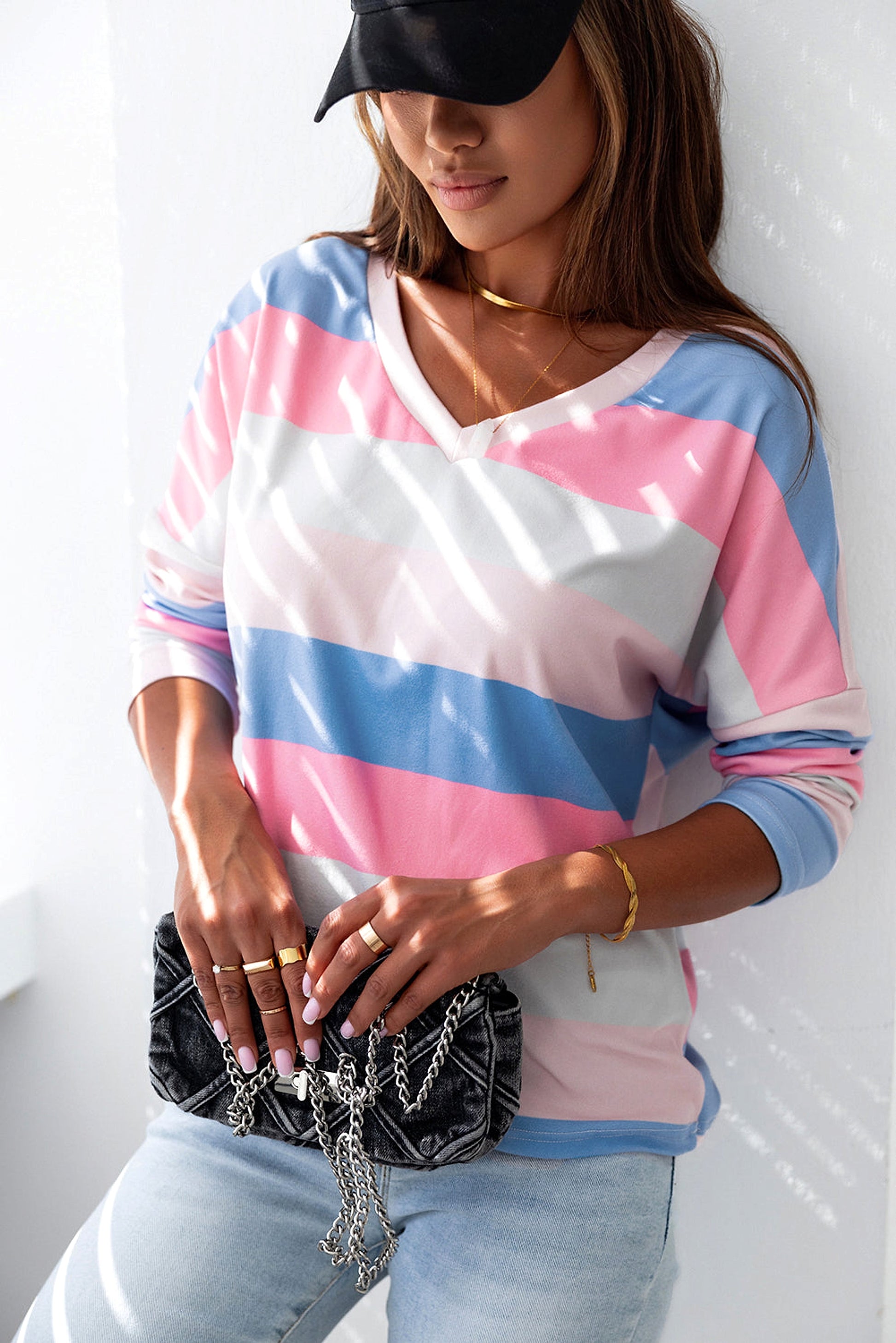 Pink Contrast Striped V Neck Long Sleeve Top - enhanced image 3