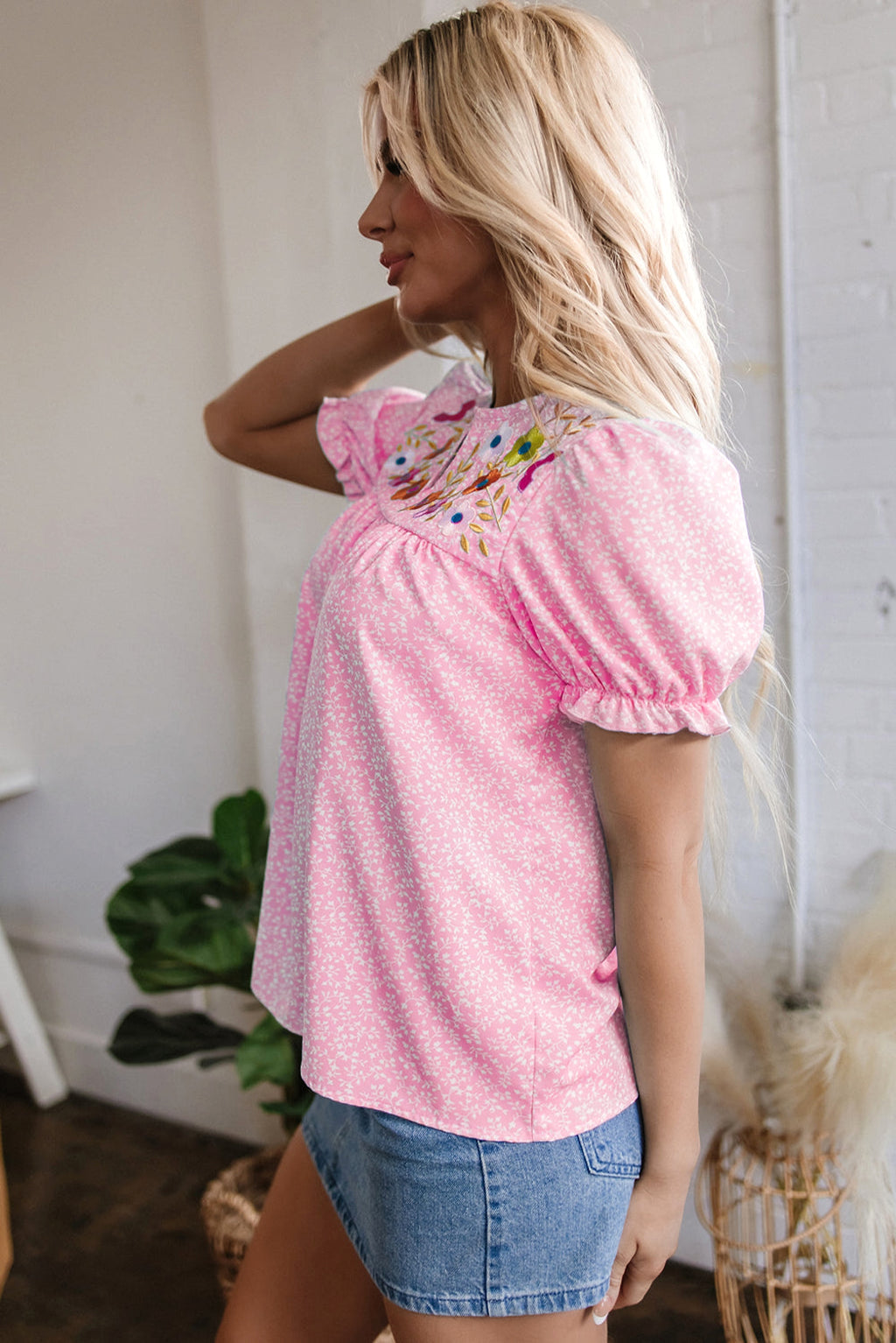Pink Floral Embroidered Puff Sleeve Notched V Neck Blouse - enhanced image 3