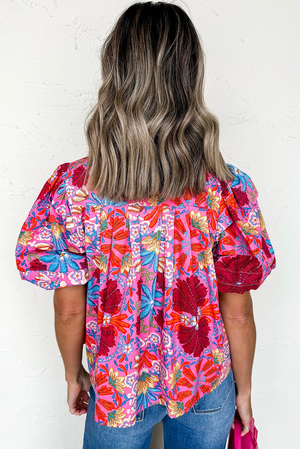 Pink Floral Print Bubble Sleeve Button Up Pleated Shirt - enhanced image 3