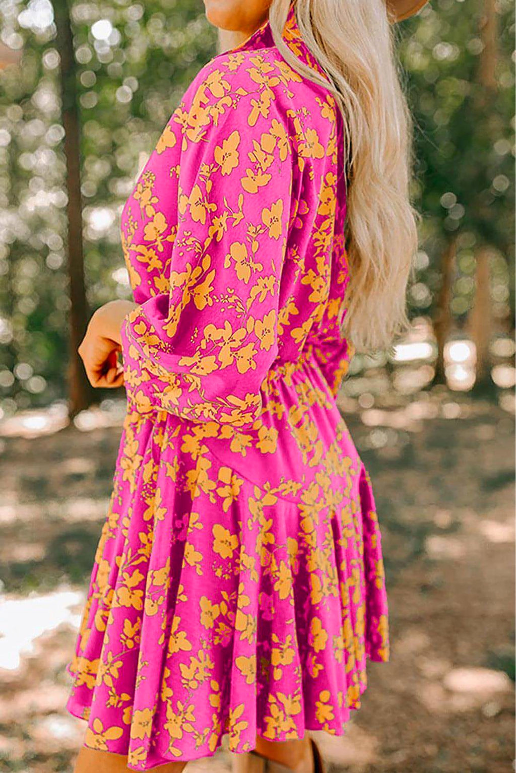 Pink Floral Print Drawstring Tunic Flowy Short Dress - enhanced image 3