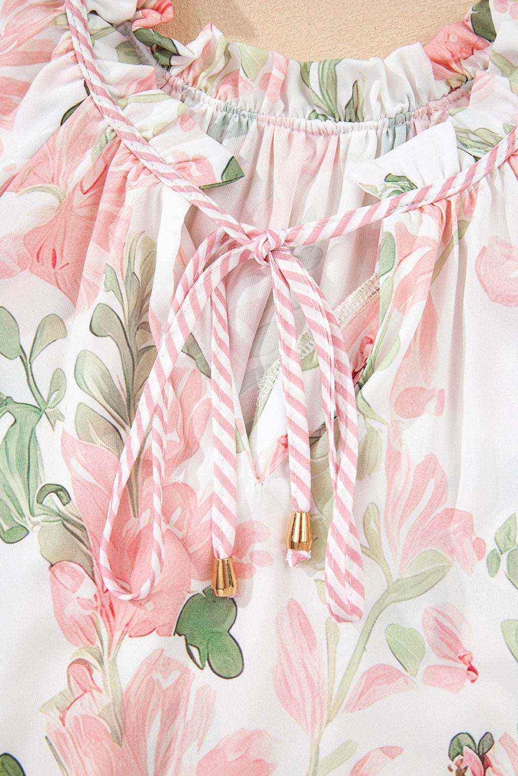Pink Floral Print Striped Contrast Tiered Ruffled Sleeve V Neck Blouse - enhanced image 3