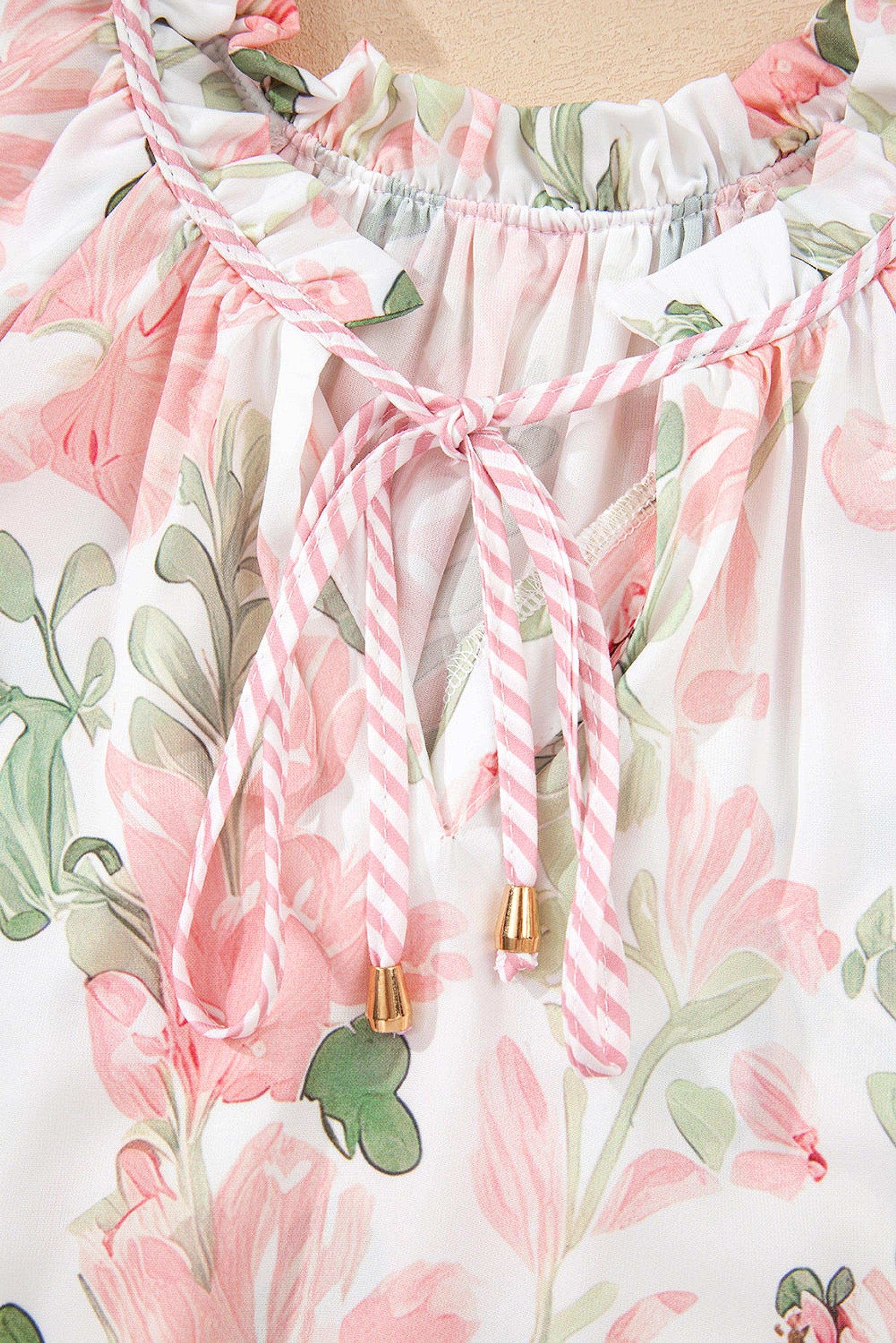 Pink Floral Print Striped Contrast Tiered Ruffled Sleeve V Neck Blouse - enhanced image 3