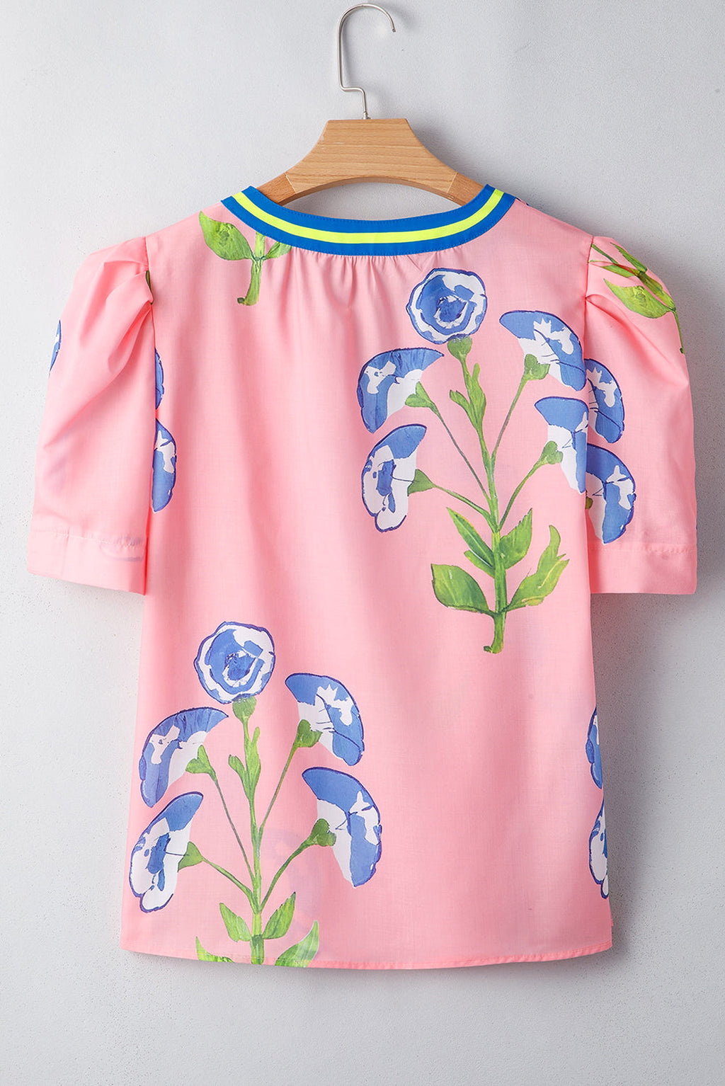 Pink Floral Print Striped Notched V Neck Bubble Sleeve Blouse - enhanced image 3