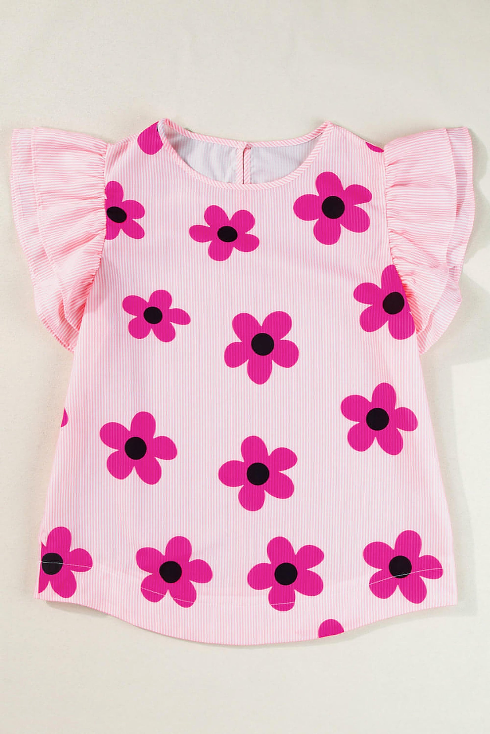 Pink Pinstripe Floral Print Ruffled Flutter Sleeve Blouse - enhanced image 3