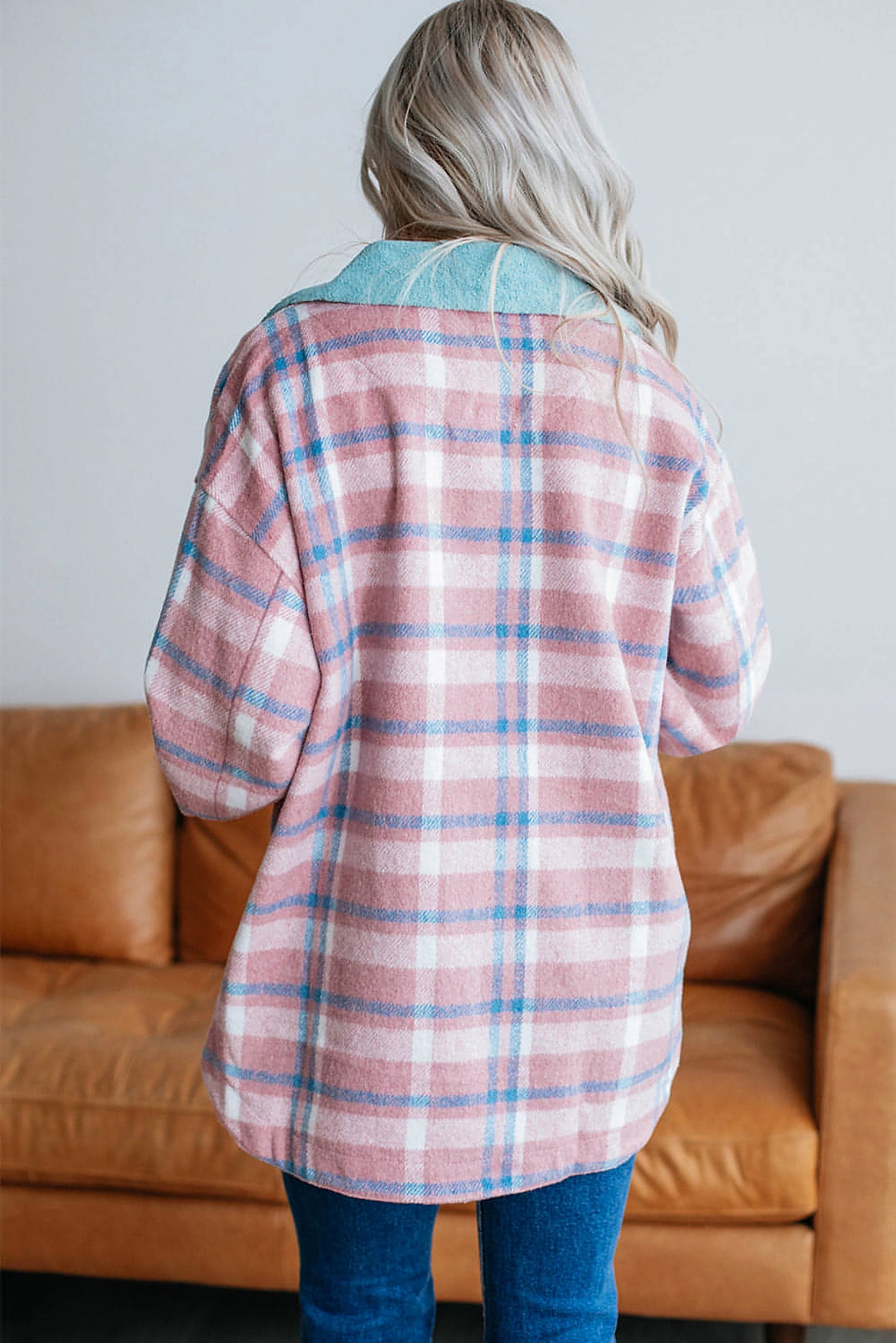 Pink Plaid Print Color Block Collared Flap Pockets Loose Shacket - enhanced image 3