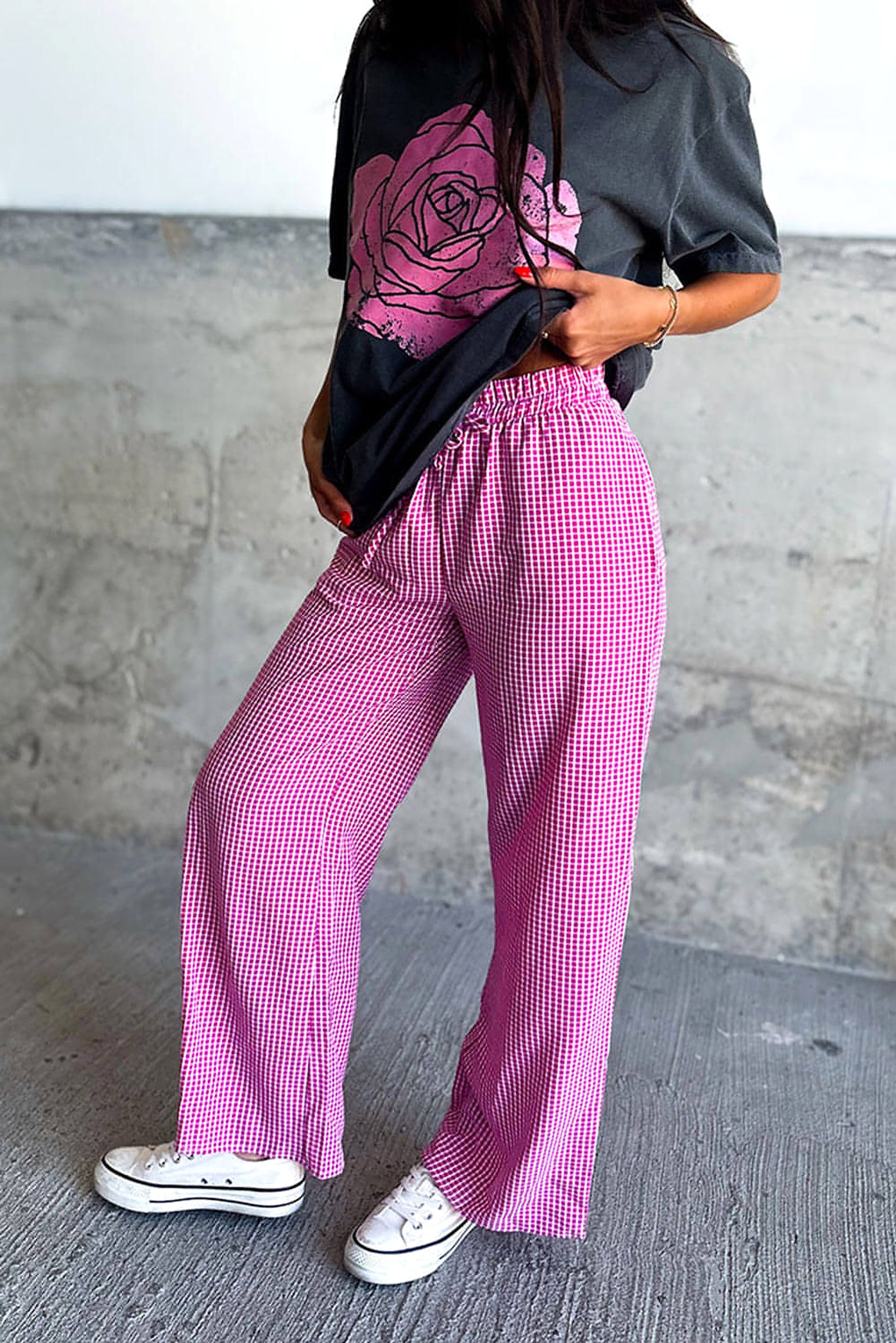 Pink Plaid Print Drawstring High Waist Wide Leg Casual Pants - enhanced image 3