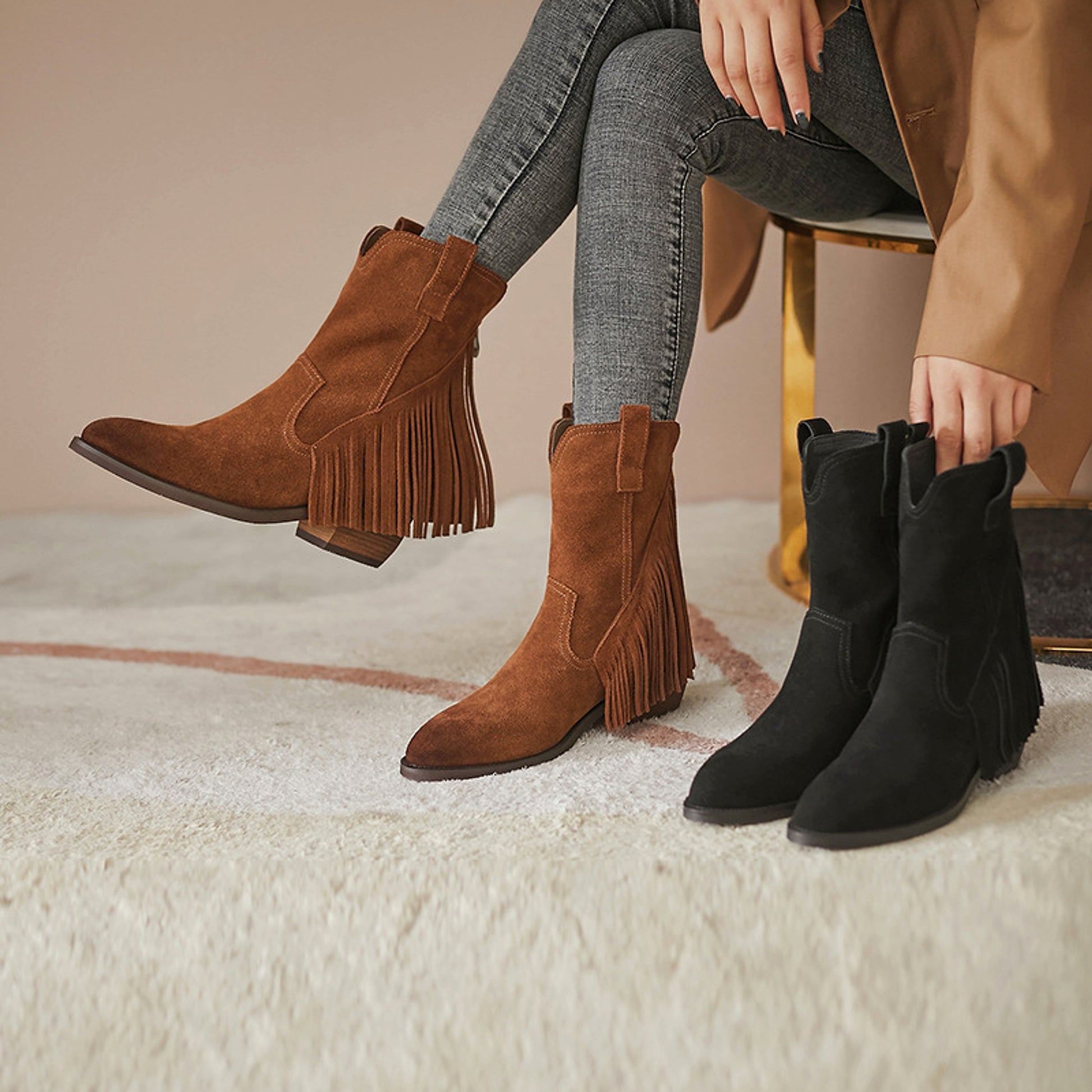 Pointed Tassel Vintage Boots with Thick Heel – "Tassel Edge" Edition - enhanced image 3