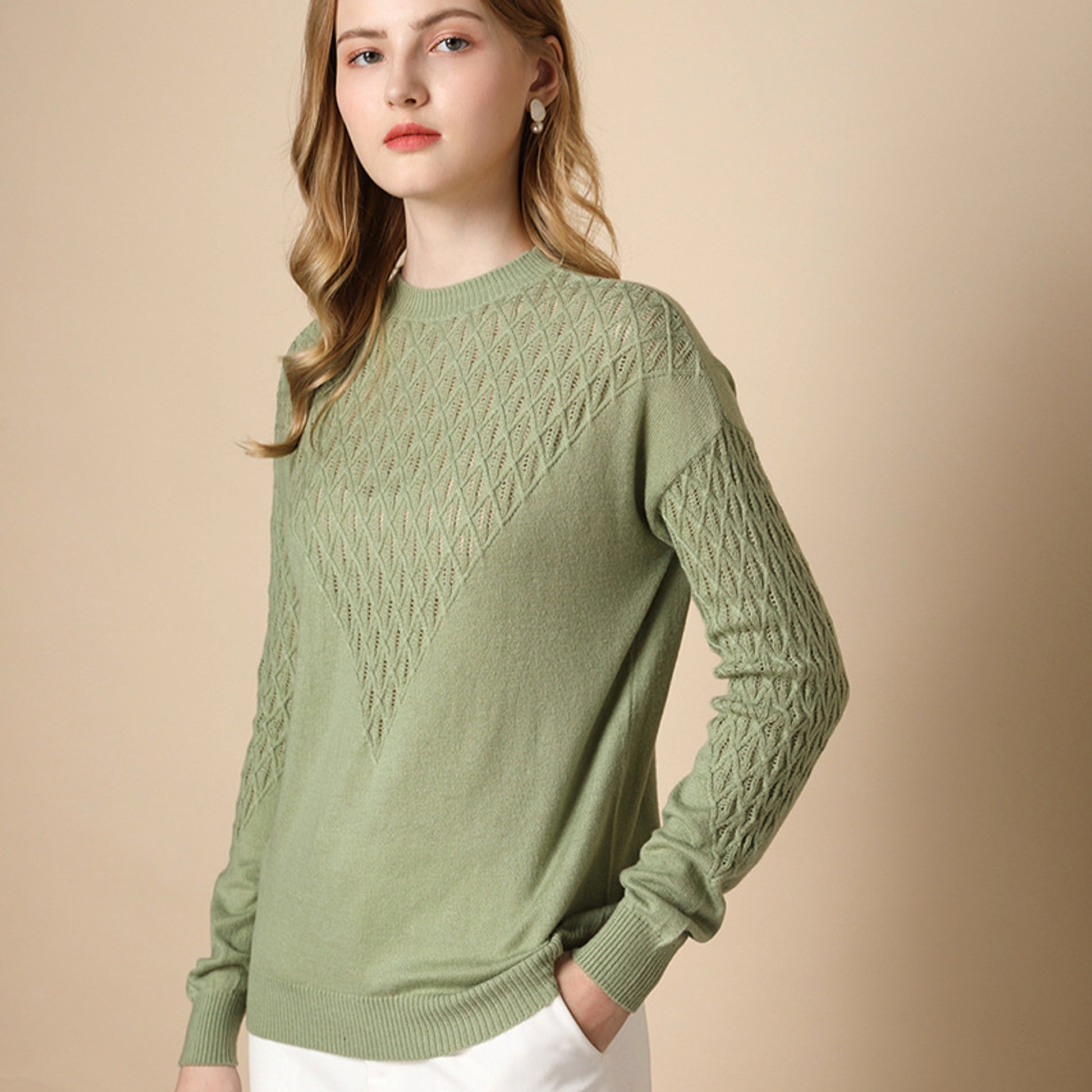 Pure Color Hollow Knitted Sweater Women Half High Fashion - enhanced image 3
