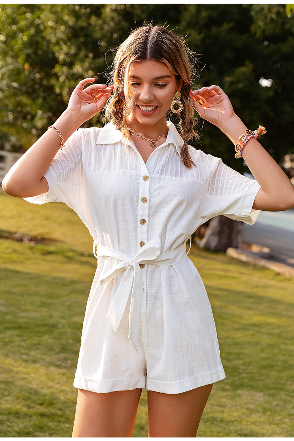 Pure Color Short-sleeved Lapel Tie Jumpsuit Casual Jumpsuit Women - enhanced image 3