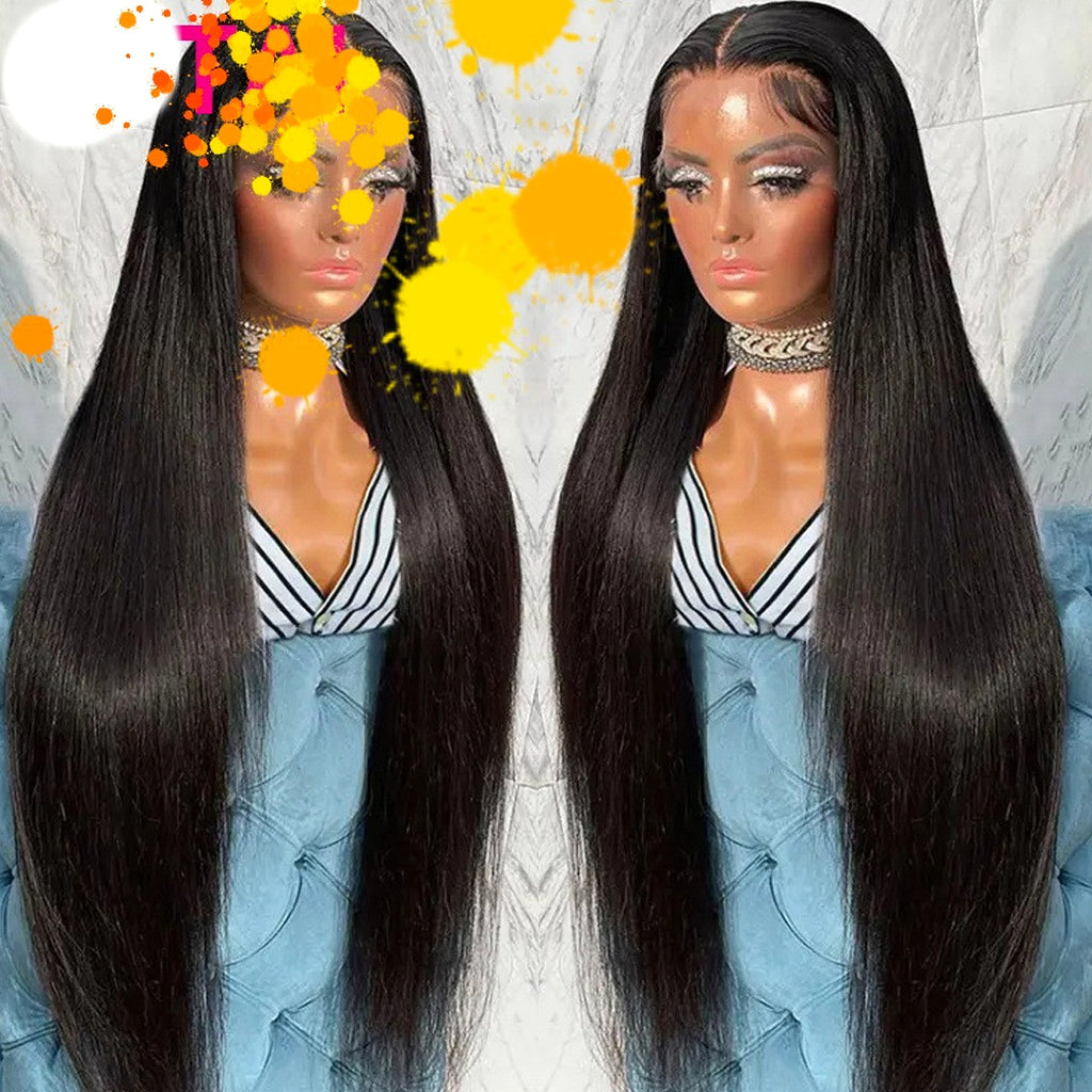 LuxeWave - Real Human Hair Lace Wig Set Straight Hair Black Medium Length - enhanced image 3