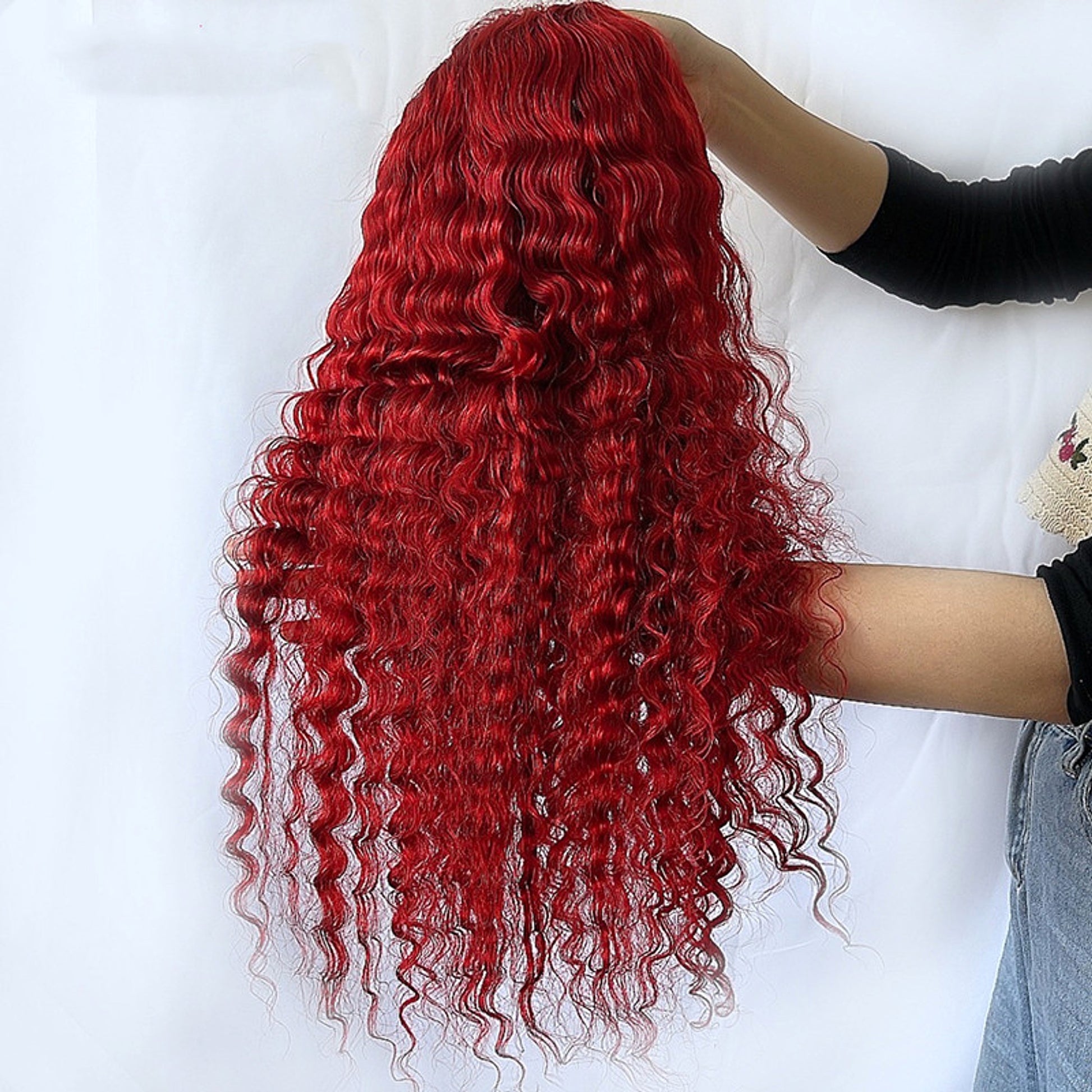 Red Deep Wave Human Hair Wig Real Headgear - enhanced image 3