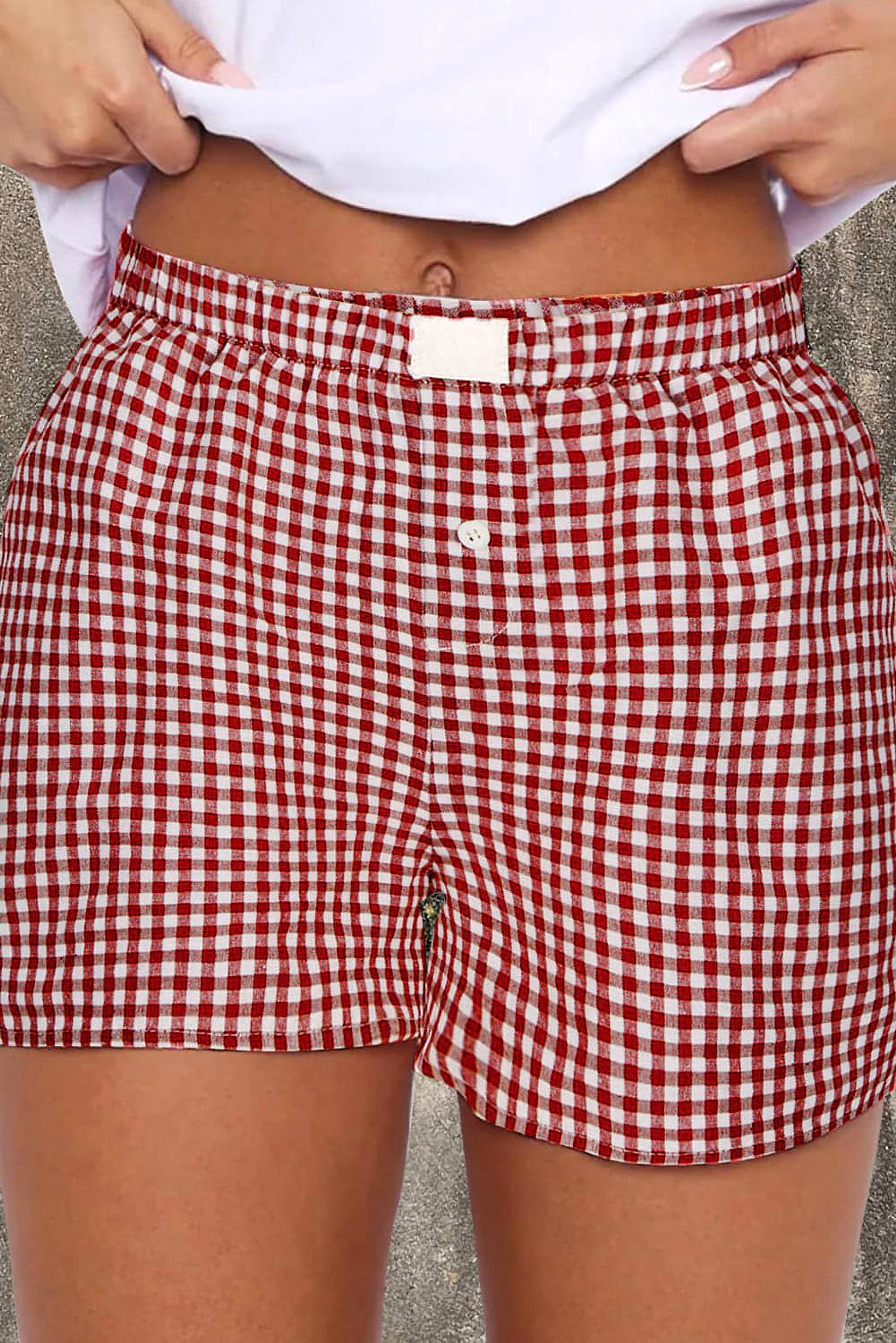 Red Plaid Gingham Printed High Waist Shorts - enhanced image 3